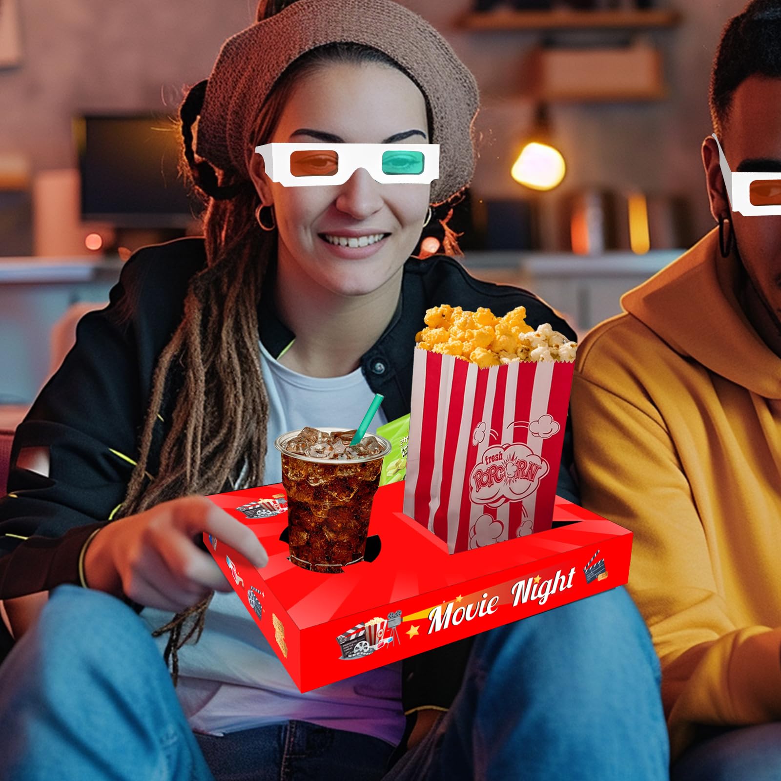 Lstamoy 24Pcs Movie Night Snack Trays With Popcorn Bags And Food Trays, Movie Night Supplies For Movie Theater Family Birthday P