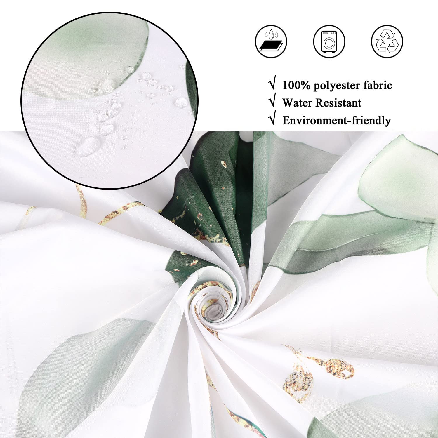 Gcirec Green And Gold Leaf Shower Curtain, Sage Eucalyptus Leaves With Gold Branches Botanical Plants Fabric Bathroom Curtain Ho