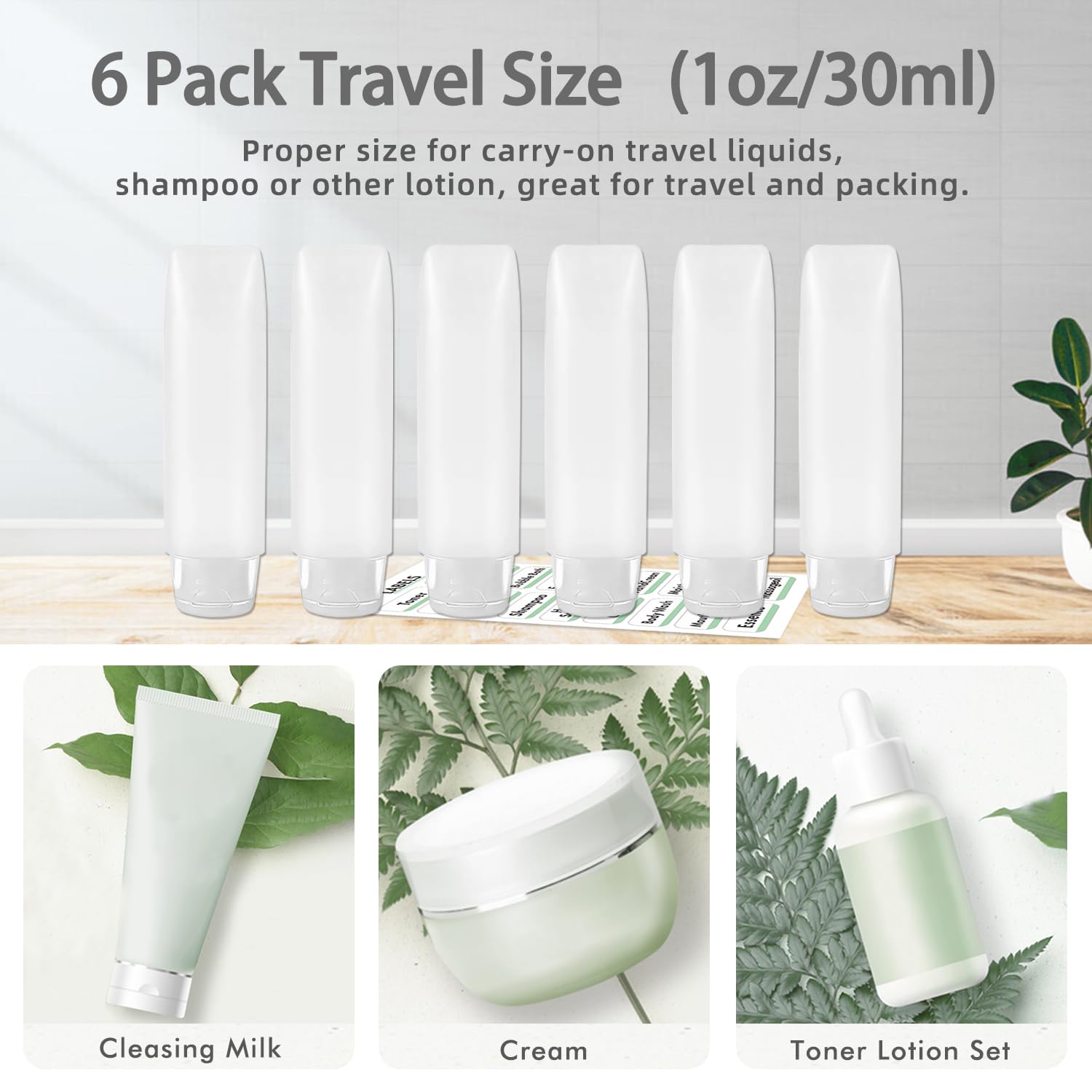 Guokoo 6 Pcs 1 Oz Travel Size Toiletries Refillable Travel Bottles, Squeeze Travel Toiletry Bottles With Labels For Toiletry Mak