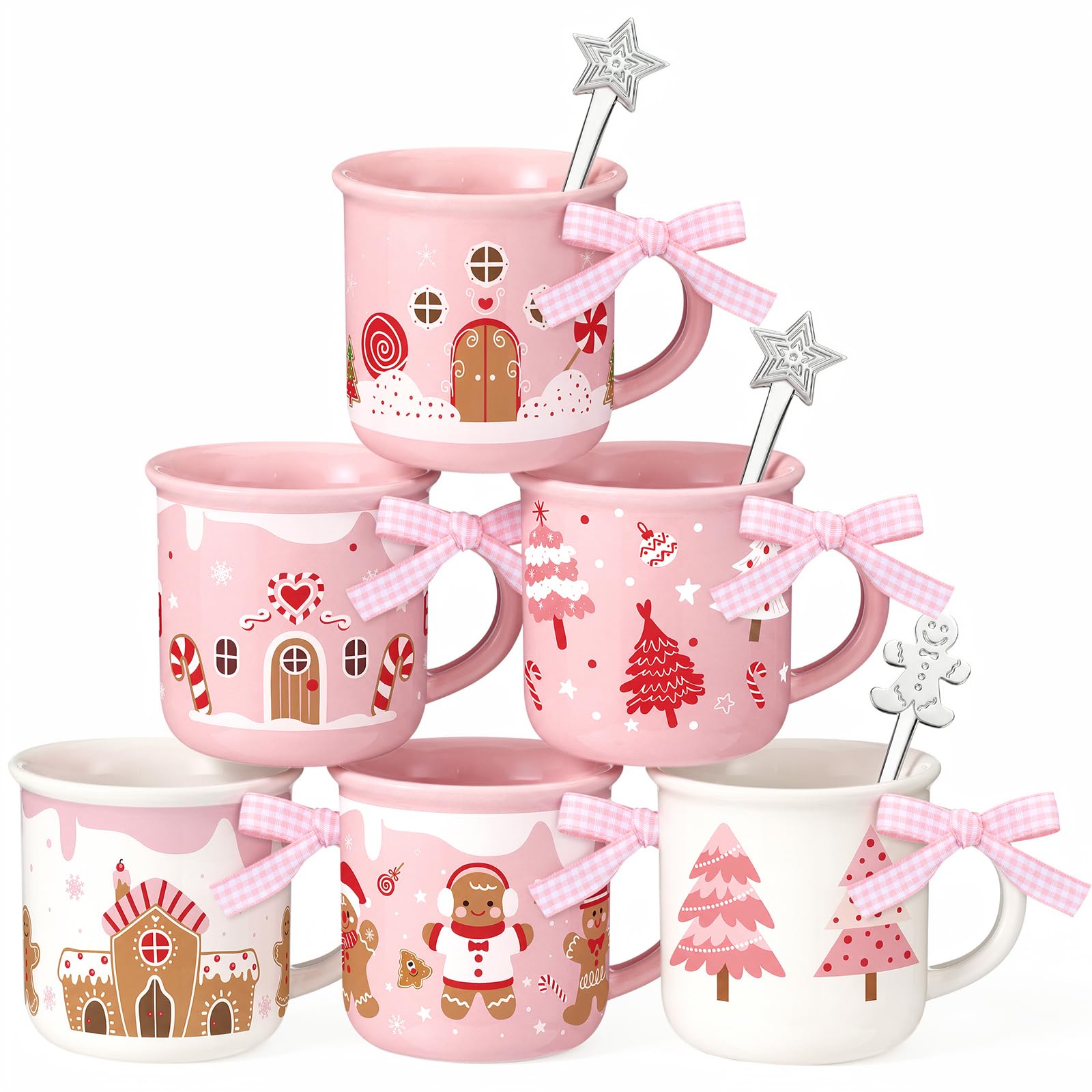 SiliFine 6 Pcs Christmas Mini Coffee Mugs Pink Gingerbread House 5 oz
