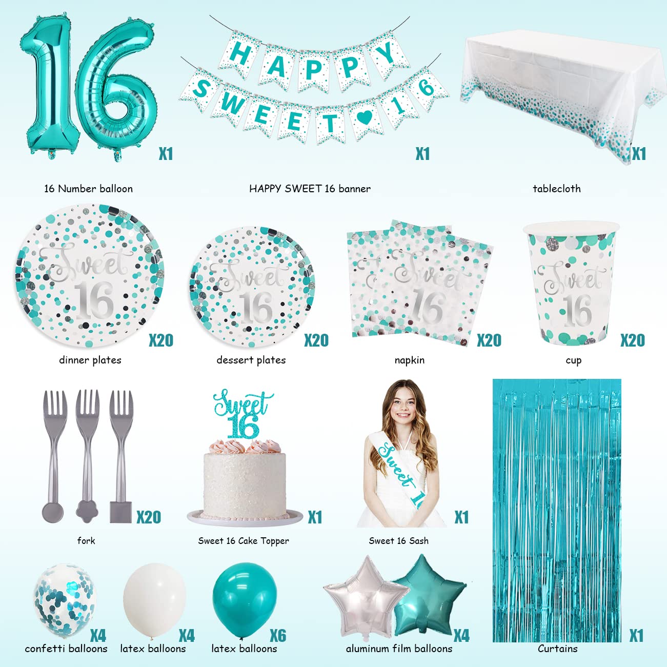 Sweet 16 Party Decorations- Teal Sweet 16 Plates And Napkins Party Supplies For 20 Guests,Teal Blue Balloons,Sweet 16 Birthday S