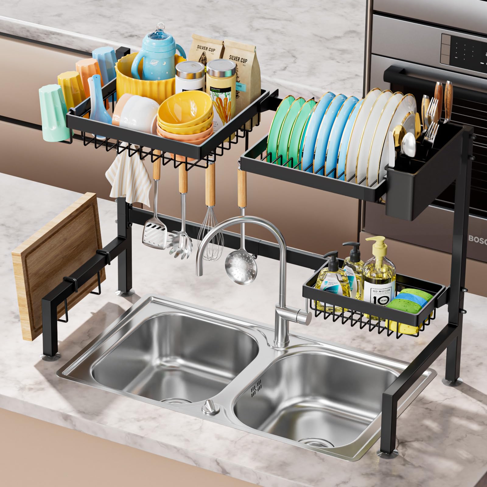 Yklslh Over The Sink Dish Drying Rack 2 Tiers, For All Sinks (24.8-35.4),Expandable Large Capacity Sink Rack, Metal Drying R