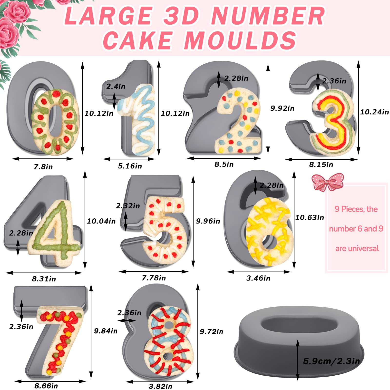 9 Pcs 10 Inch Number Moulds Baking Forms Large Silicone Number Mold 3D Cake Mold Big 0-9 Number Cake Pan Digital Baking Silicone