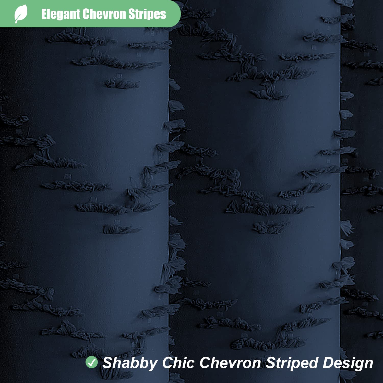 Dynamene Boho Farmhouse Shower Curtain, Navy Blue Fabric Tufted Chevron Striped Textured Tassel Shower Curtains For Bathroom, Wa