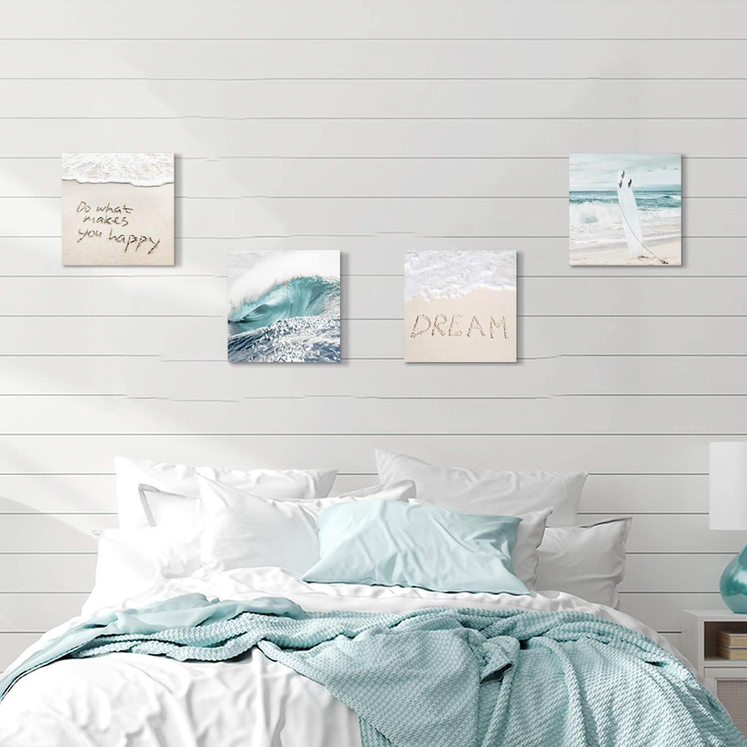 Beach Artwork Coastal Wall Art: Crashing Wave & Surfboard Painting With Words On Sand Picture Prints On Canvas For Bedroom (12