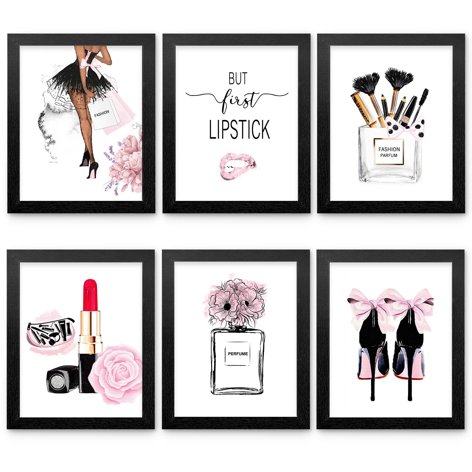 Framed Pink Fashion Wall Art Prints With Frame Set Of 6 Makeup Art Pictures Wall Decor Canvas Print Poster Modern Girls Room Dec