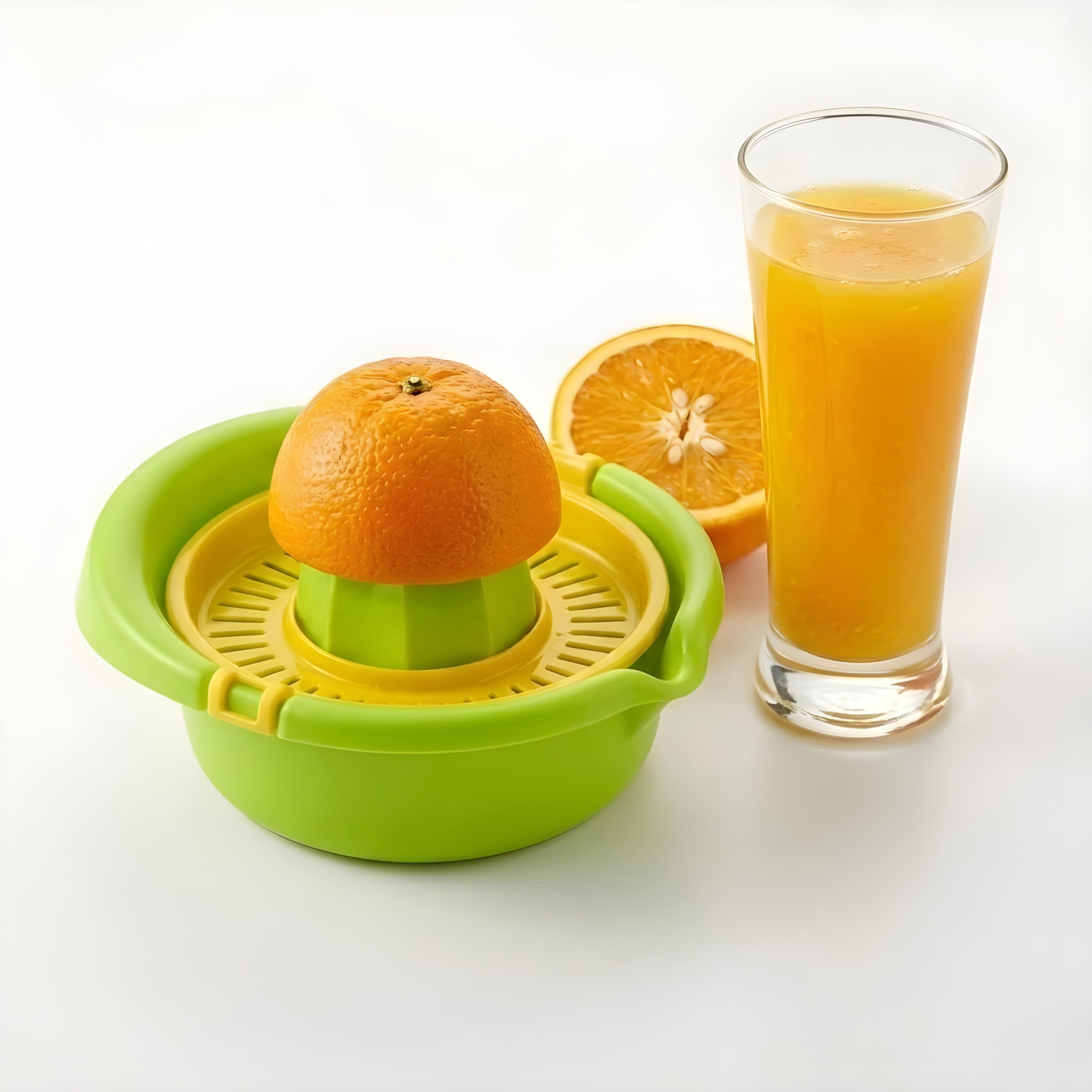 Jpiez Manual Citrus Juicer, Plastic, Green And Yellow, With BuiltIn Strainer Bowl, Hand Press Squeezer For Lemon Juicing