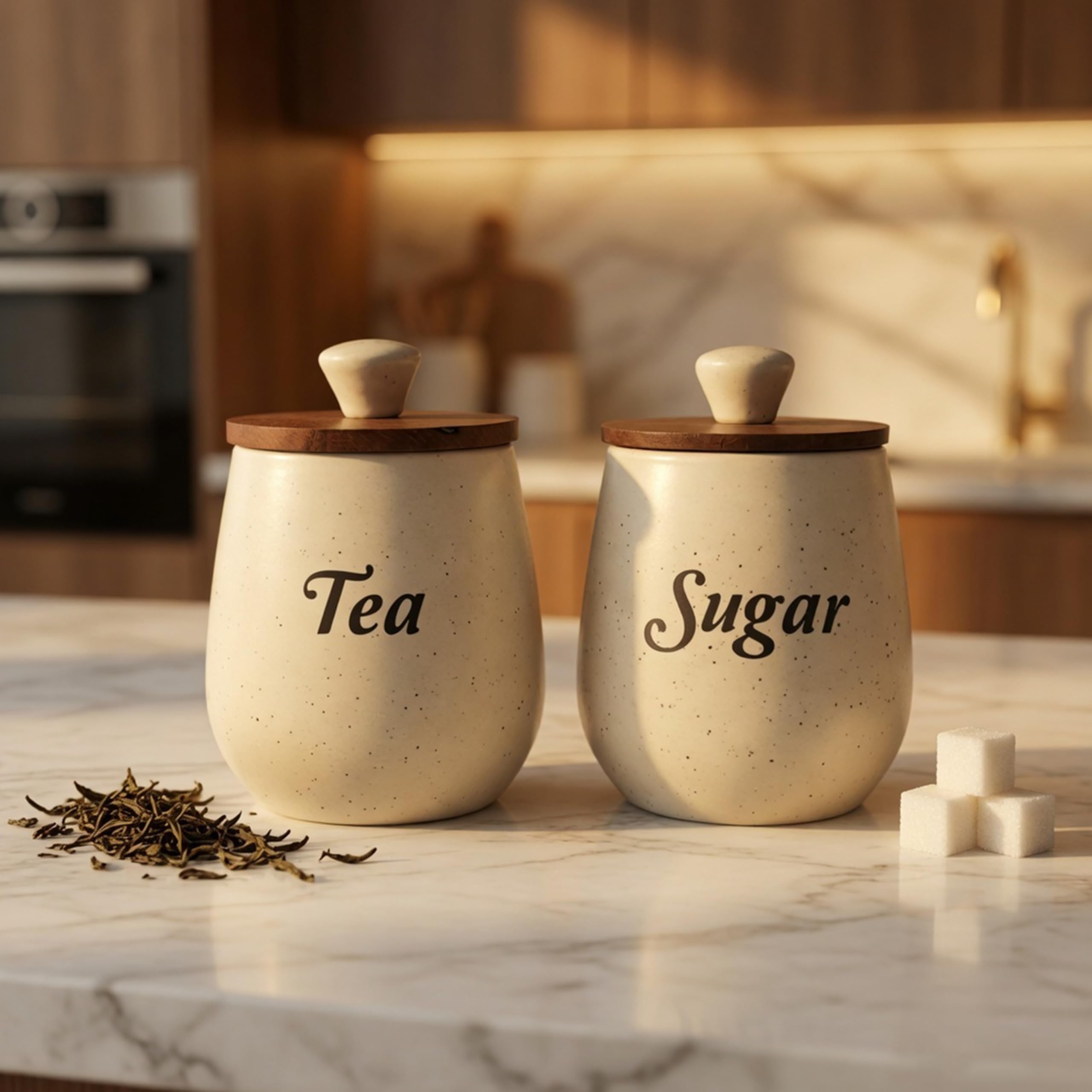 Craftshila Ceramic Tea Sugar Containers Set Of 2 With Wooden Lids | Jar & Container For Kitchen Storage Set | Multi Utility Air 
