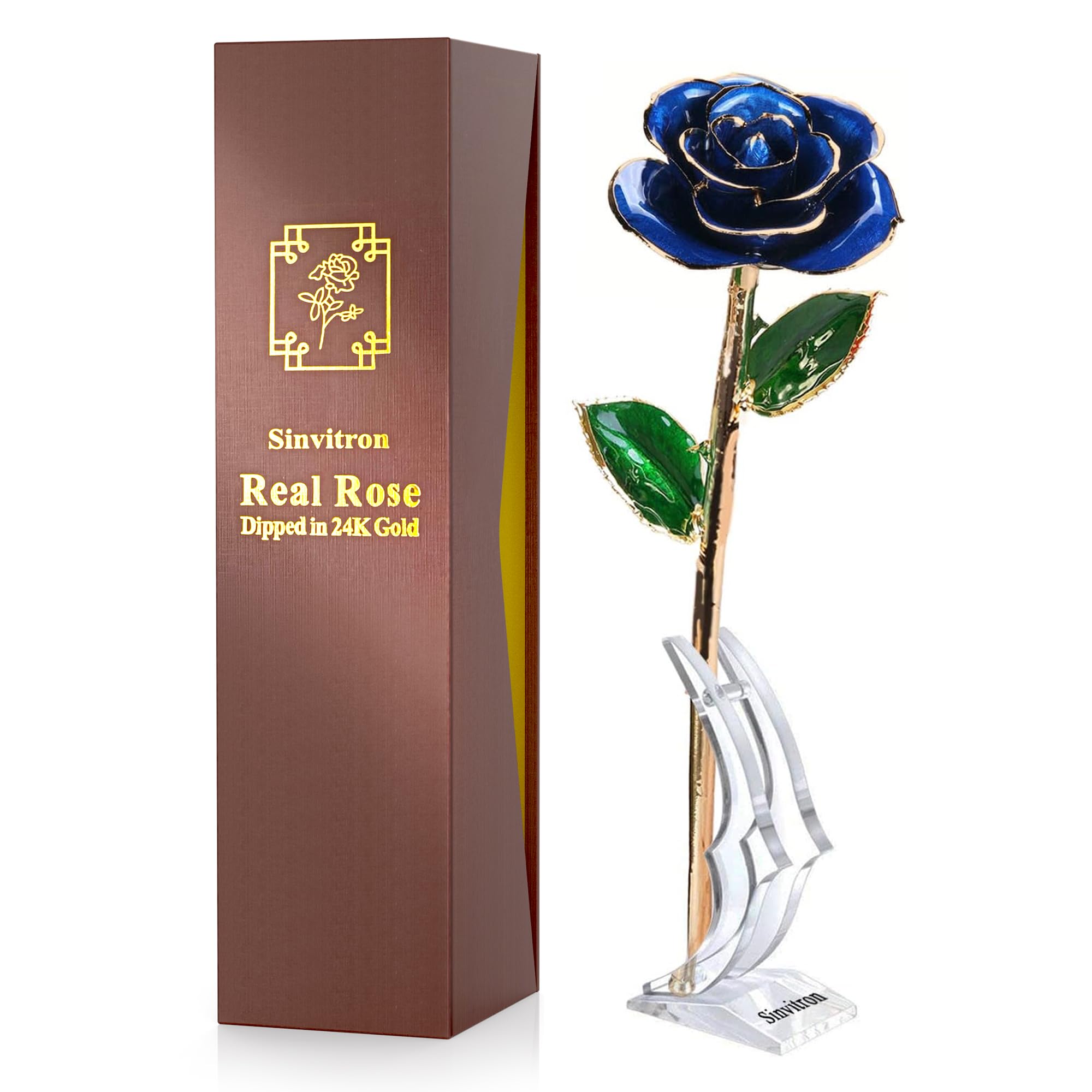 Sinvitron Gold Dipped Rose 24K Real Rose, Long Stem Gold Plated Rose with Stand, for mom, 24K Golden Rose for Anniversary Valent