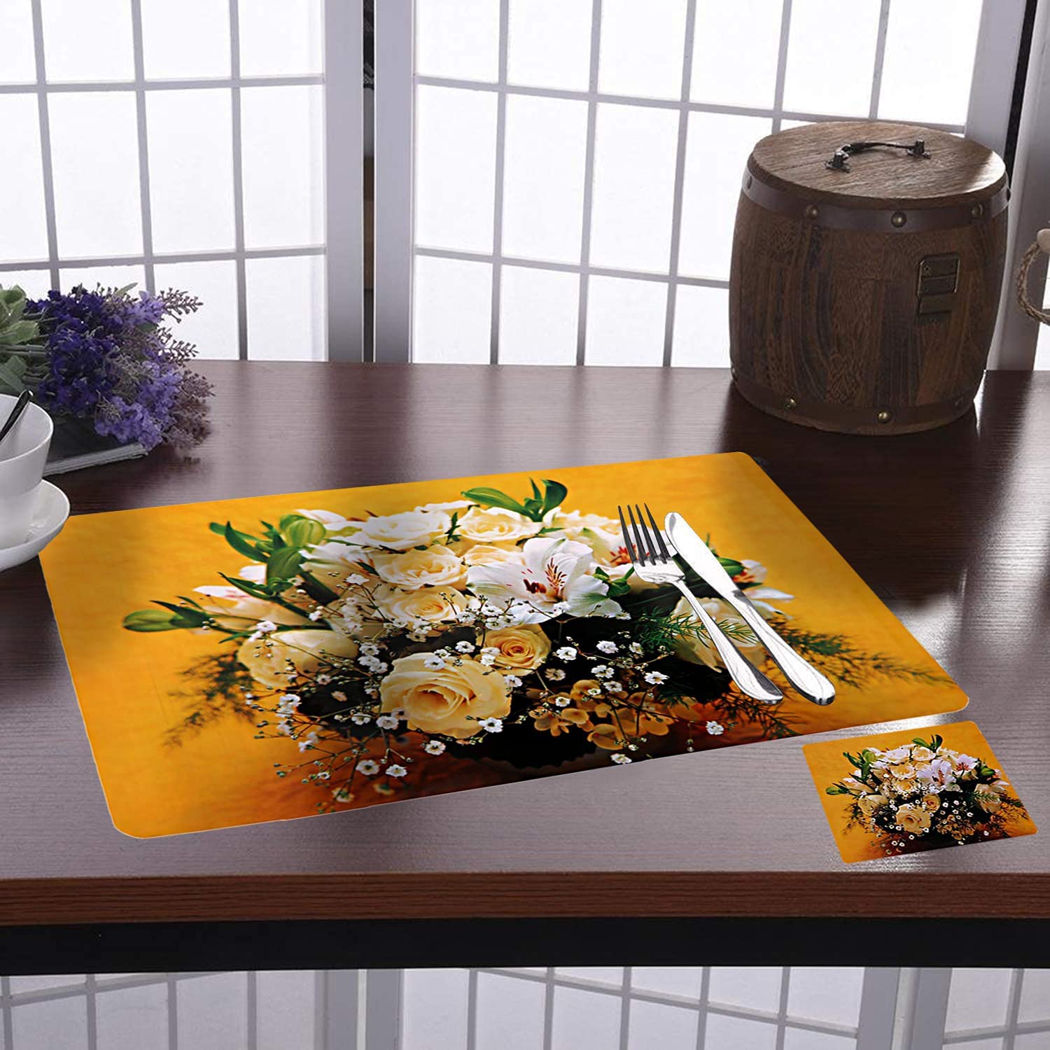 Kuber Industries Flowar Pot Design Pvc 6 Piece Dining Table Placemat Set With Tea Coasters (Yellow)-Ctktc32185