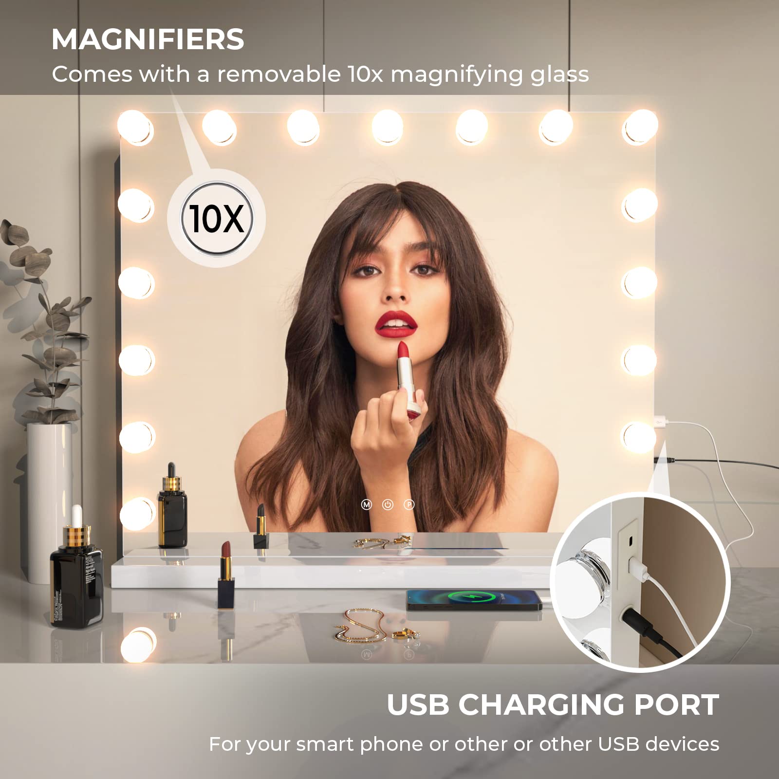 Zl Zeling Vanity Mirror Makeup Mirror With Lights,23.6'' X 19.6''Large Tabletop Light Up Mirror With 17Bulbs,10X Magnification,U