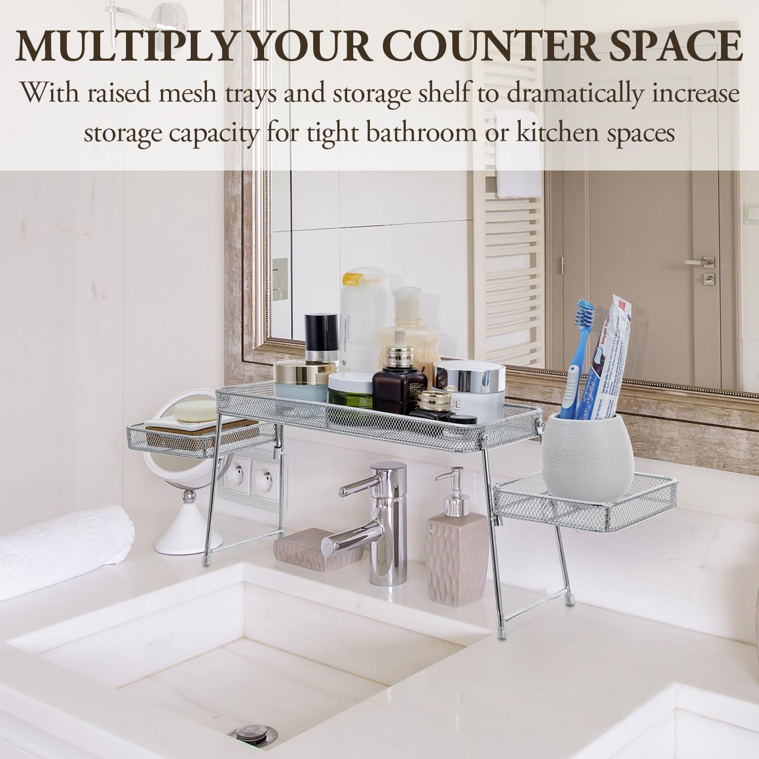 Mygift Chrome Plated Metal Over The Sink Organizer Shelf Rack, 3 Tiered Bathroom Or Kitchen Sink Storage Display Caddy