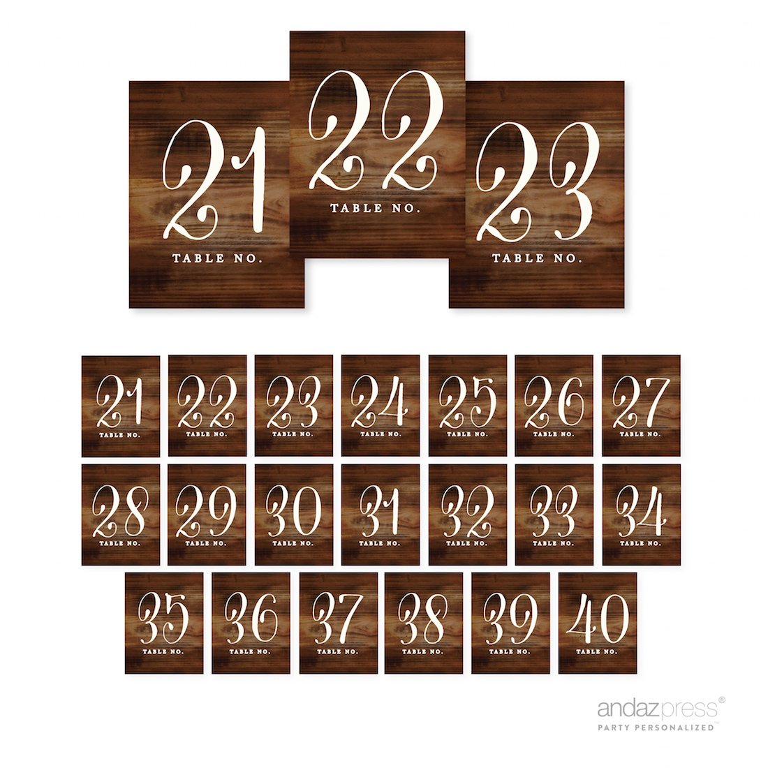 Andaz Press Rustic Wood Print Wedding Table Numbers 21-40, 4X6-Inches Table Number Cards For Wedding Reception Table Number For