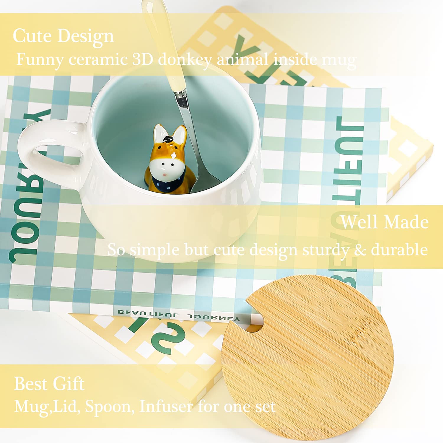BigNoseDeer Cute Ceramic Donkey Coffee Mug Funny Mug with 3D Animal Inside Kawaii Tea Cup with Spoon and Lid Cool Stuff Christma