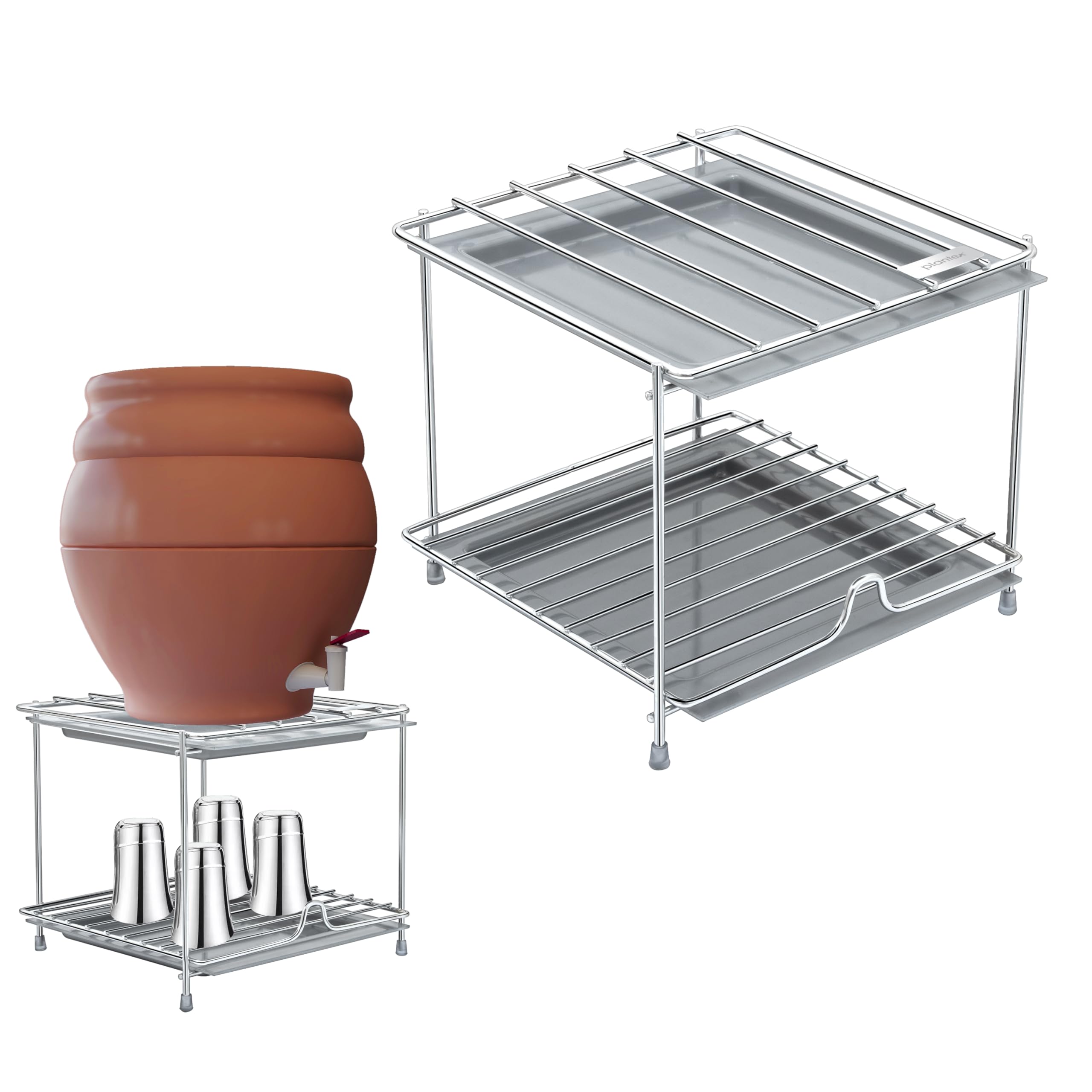 Plantex Matka Stand/Stainless Steel 2Tier Matka Stand For Kitchen/Square Water Pot With Tray  8 X 7.5 Inch (Chrome), Free Stan