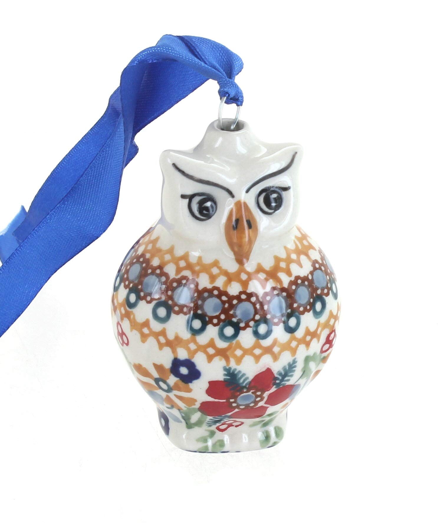 Blue Rose Polish Pottery - Red Daisy Owl Ornament - 3 Tall - Hand-Painted Collectible Decoration