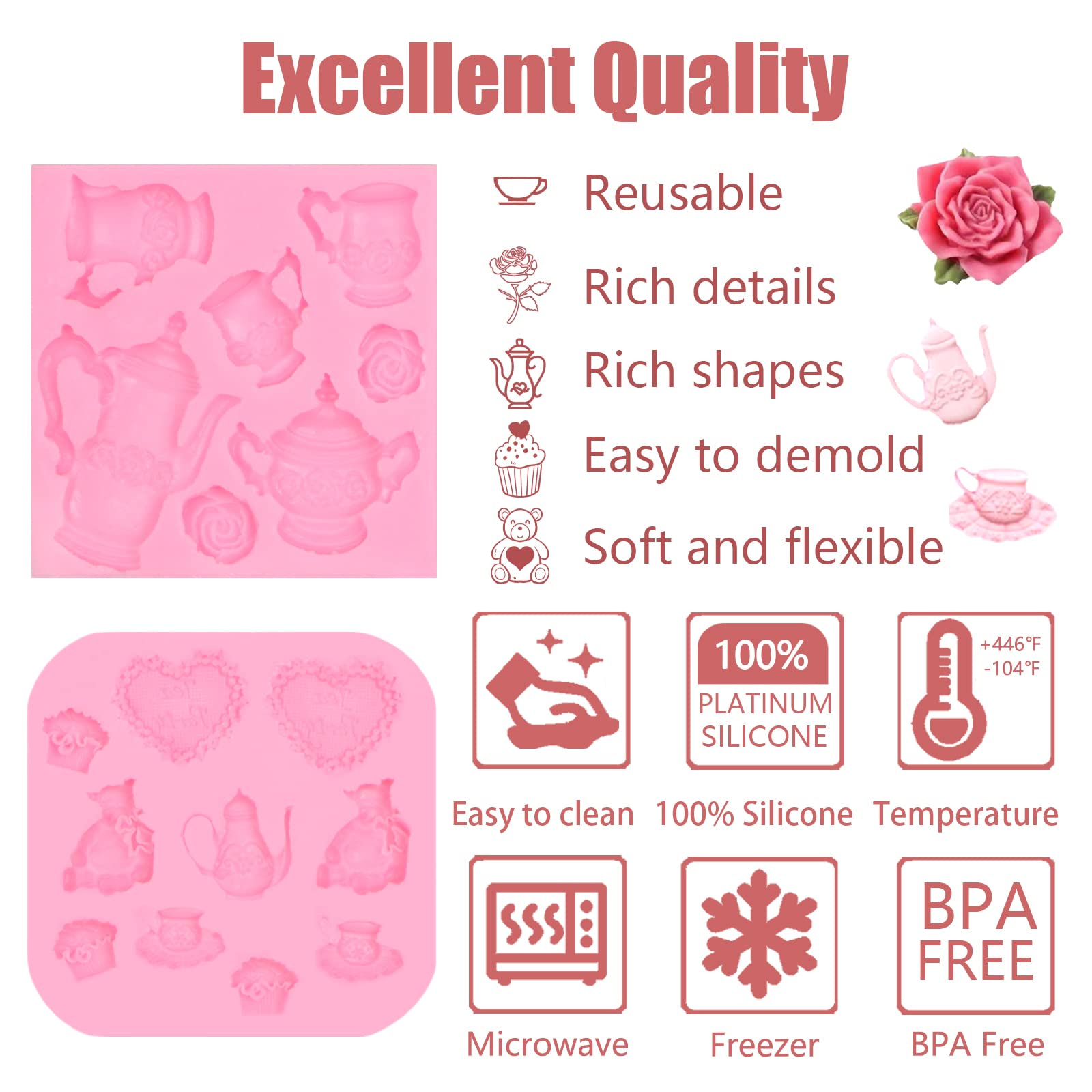 Tea Party Cake Silicone Mold 3 Pcs, Teapot Tea Cup Fondant Molds Rose Flower Chocolate Molds For Cupcake Topper, Cake Decoration