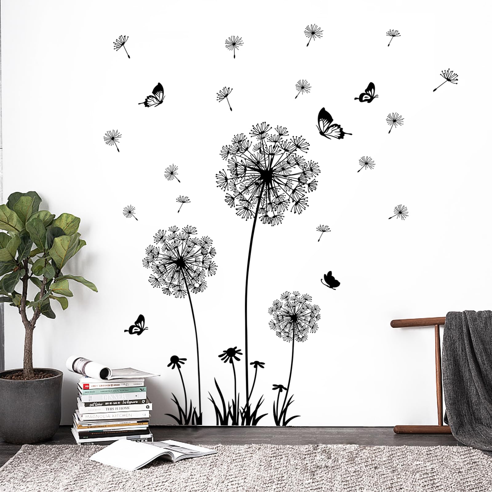 Supzone Dandelion Wall Stickers Flower Wall Decals Butterflies Flying Wall Decors Wall Art Stickers For Bedroom Living Room Sofa