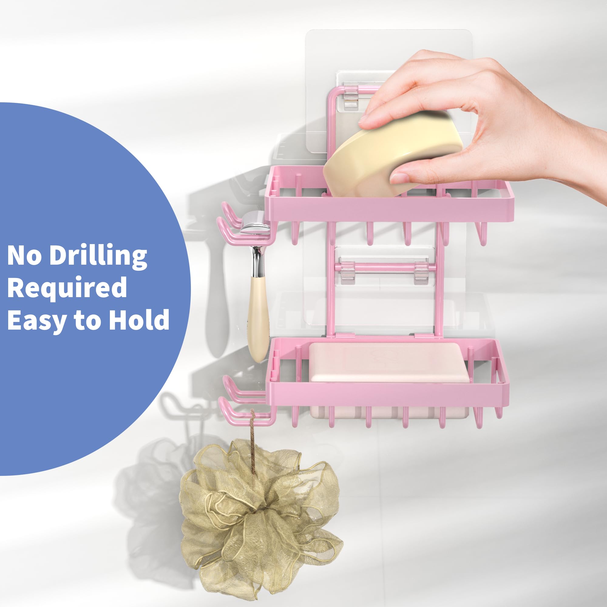 Moforoco Pink Double Soap Bar Holder For Shower, No Drilling, 304 Rustproof Stainless Steel, Wall Mounted Soap Holder With 4 Hoo