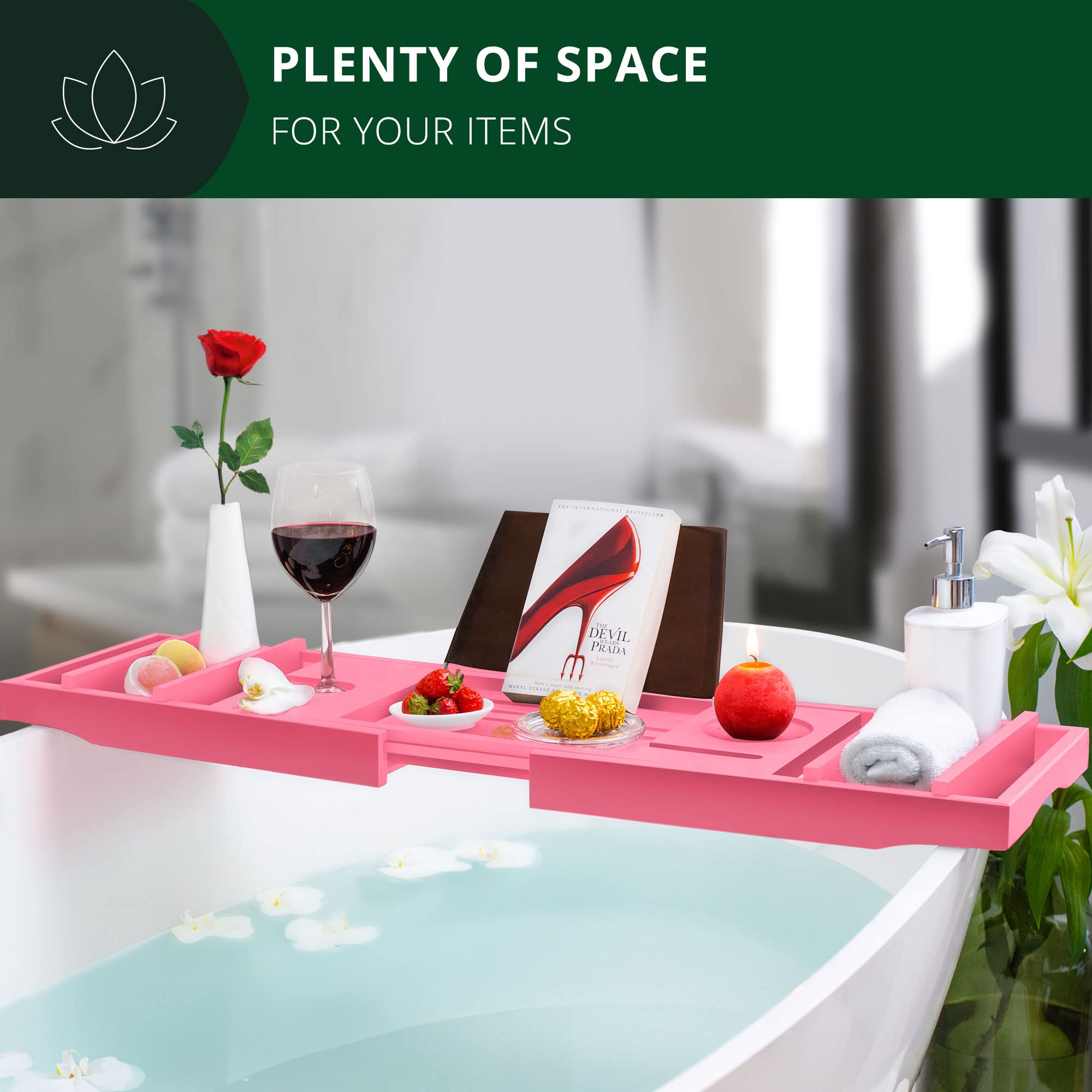 ROYAL CRAFT WOOD Luxury Bathtub Caddy Tray  One or Two Person Bath and Bed Tray  Bonus Free Soap Holder (Pink)