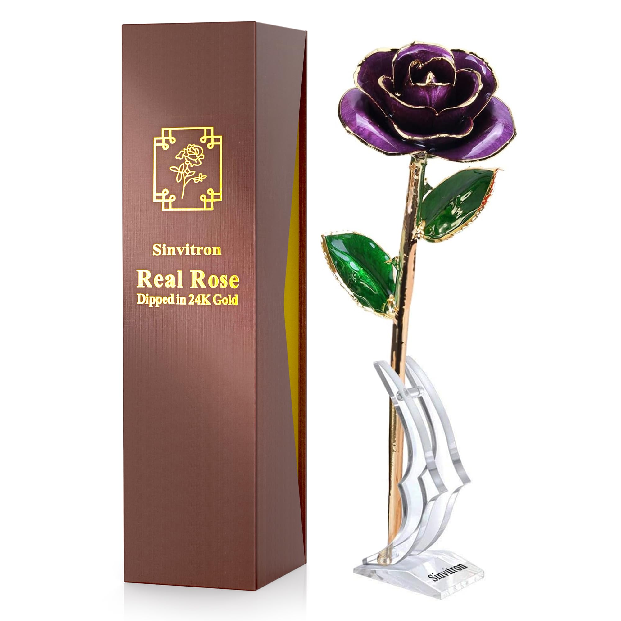 Sinvitron Gold Dipped Rose 24K Real Rose, Long Stem Gold Plated Rose with Stand, Valentines Day Gifts for Her,Gifts for Mom,24K 