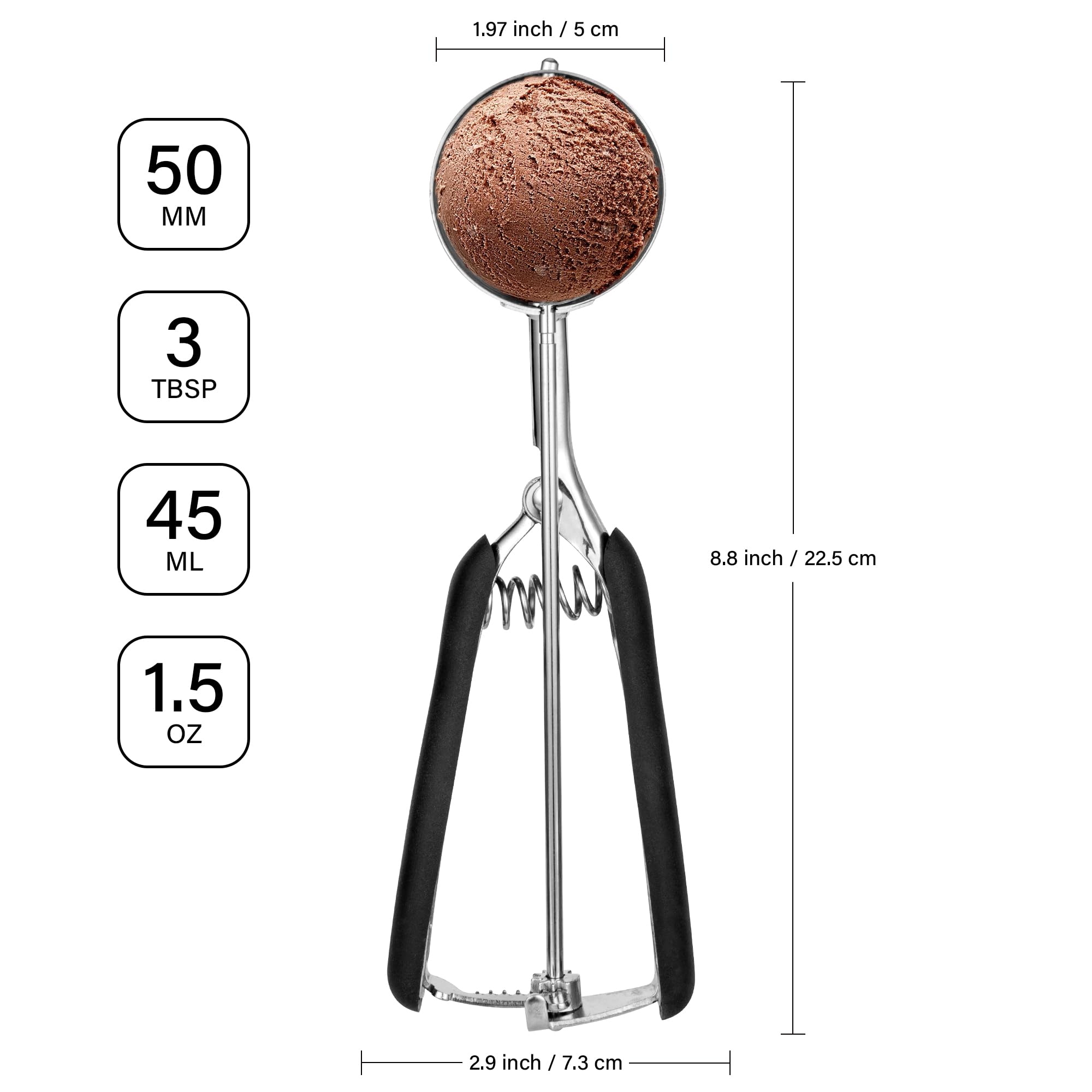 Cookie Scoop 3 Tbsp, Tj Pop Professional Stainless Steel Ice Cream Scoop 50 Mm, Good Soft Grips, Quick Trigger Release, 45 Ml