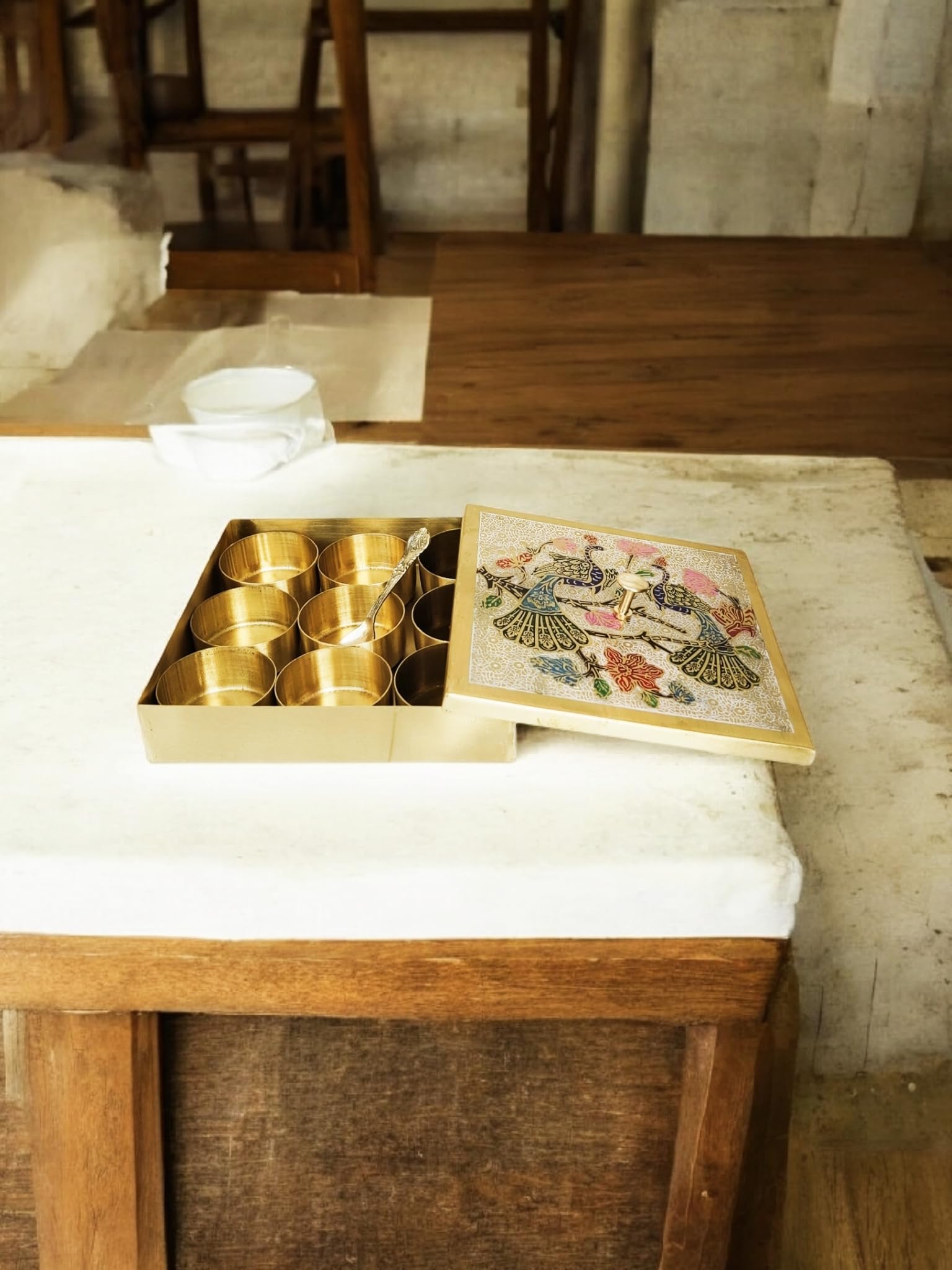Blissful Decor Brass Spice Box For Kitchen (Pure Brass, 9 Detachable Containers,L 1 Spoon) | Brass Masala Box For Kitchen Masala