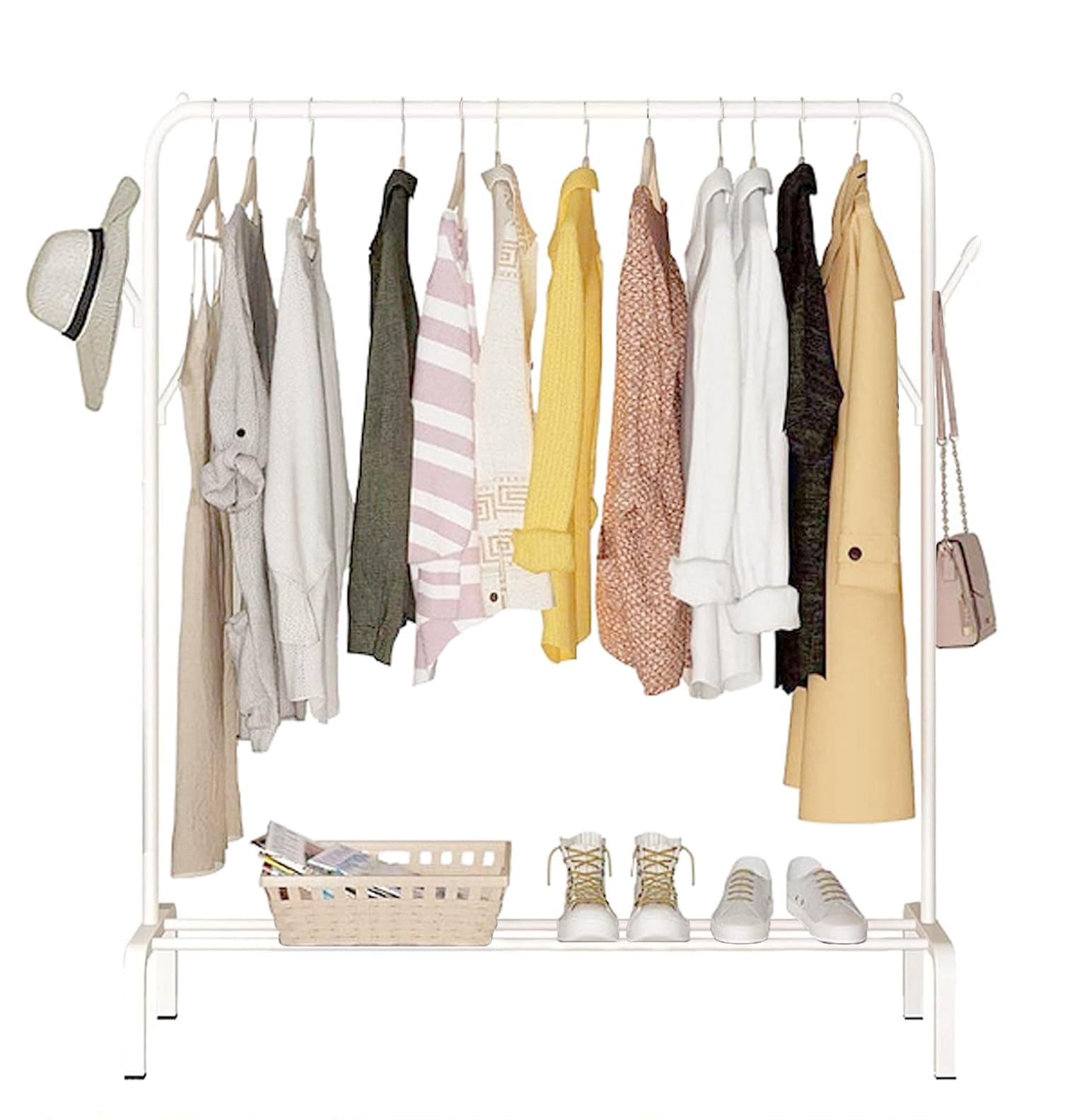 Lukzer Single Pole Coat Hanger/Cloth Stand/Garment Stand With Bottom Shelves - Metal Garment Rack For Organized Storage 4 Hook (