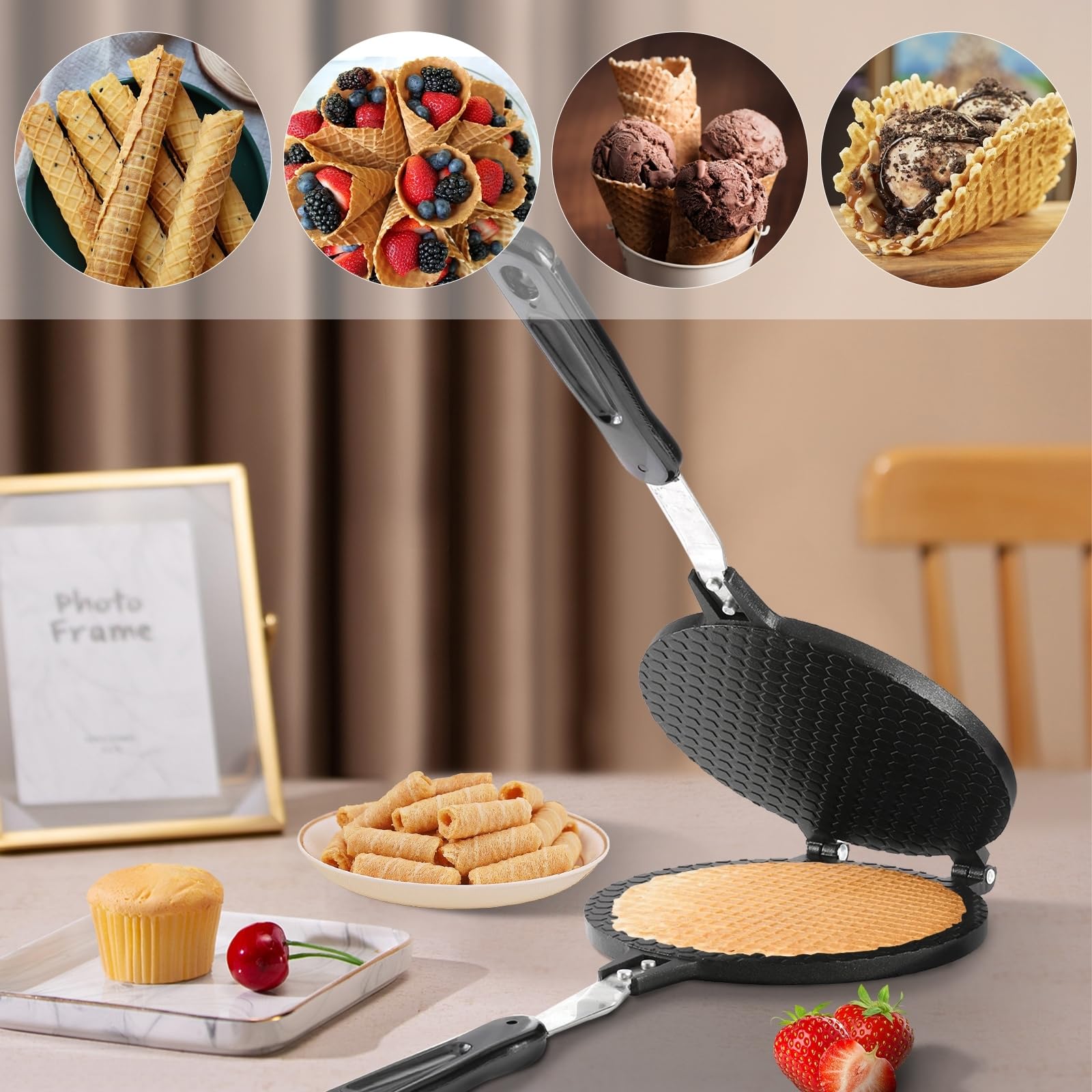 Dyna-Living Waffle Cone Maker Ice Cream Cone Maker 8.6 Inches Household Waffle Bowl Maker Non-Stick Egg Roll Maker For Diy Ice C