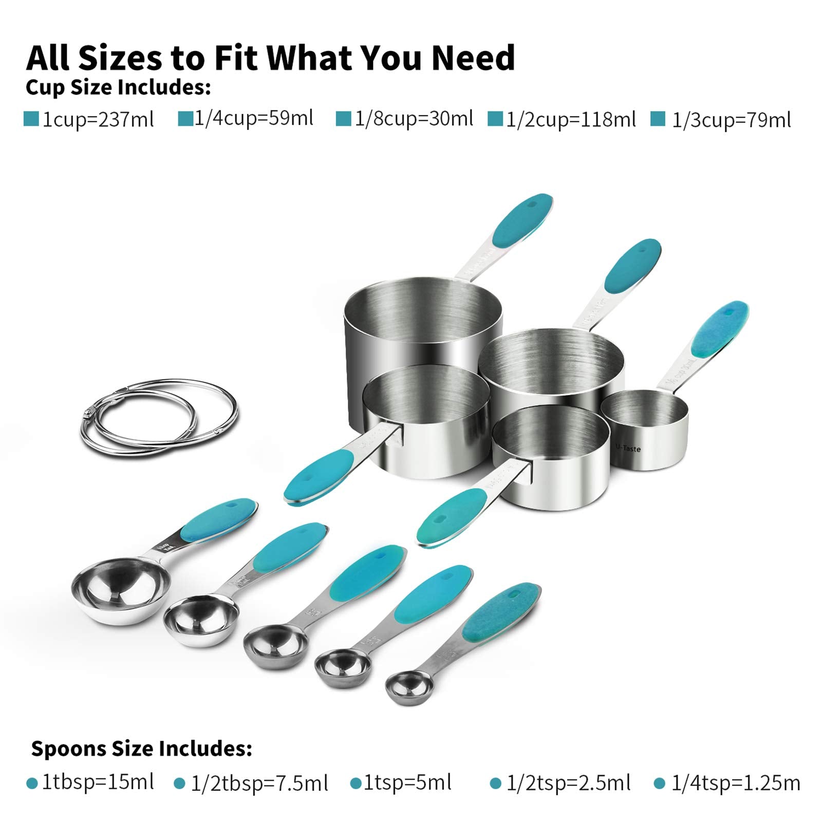 Measuring Cups : U-Taste 18/8 Stainless Steel Measuring Cups and Spoons Set of 10 Piece, Upgraded Thickness Handle (Teal)