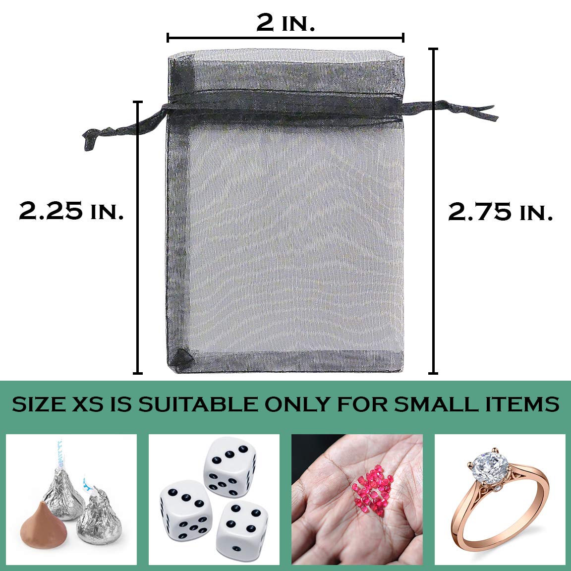 Thedisplayguys 100-Pack Xs 2X2 3/4'' Black Sheer Organza Gift Bags With Drawstring, Jewelry Candy Treat Wedding Party Favors Mes