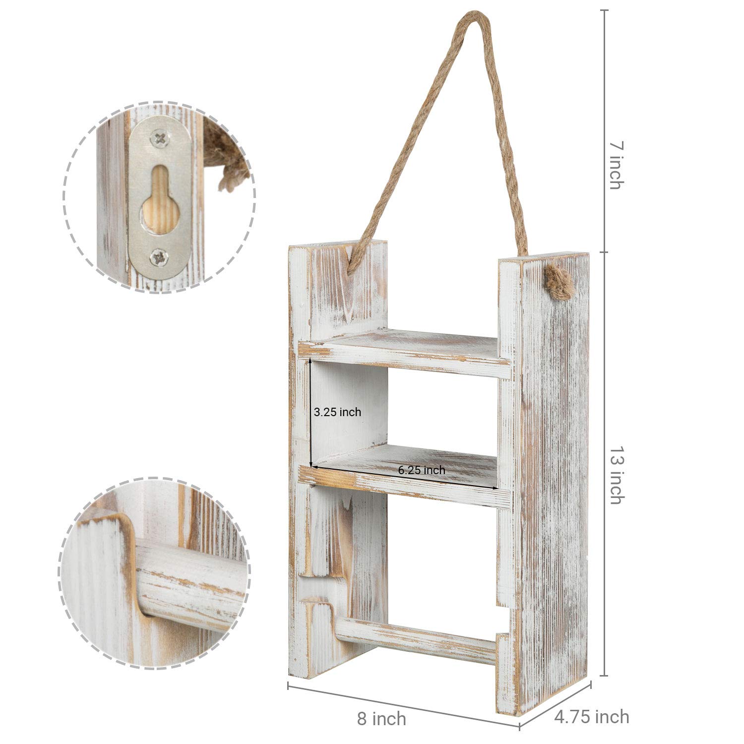 Mygift 2-Tier Hanging Whitewashed Wood Ladder Shelf And Toilet Paper Holder With Rustic Rope