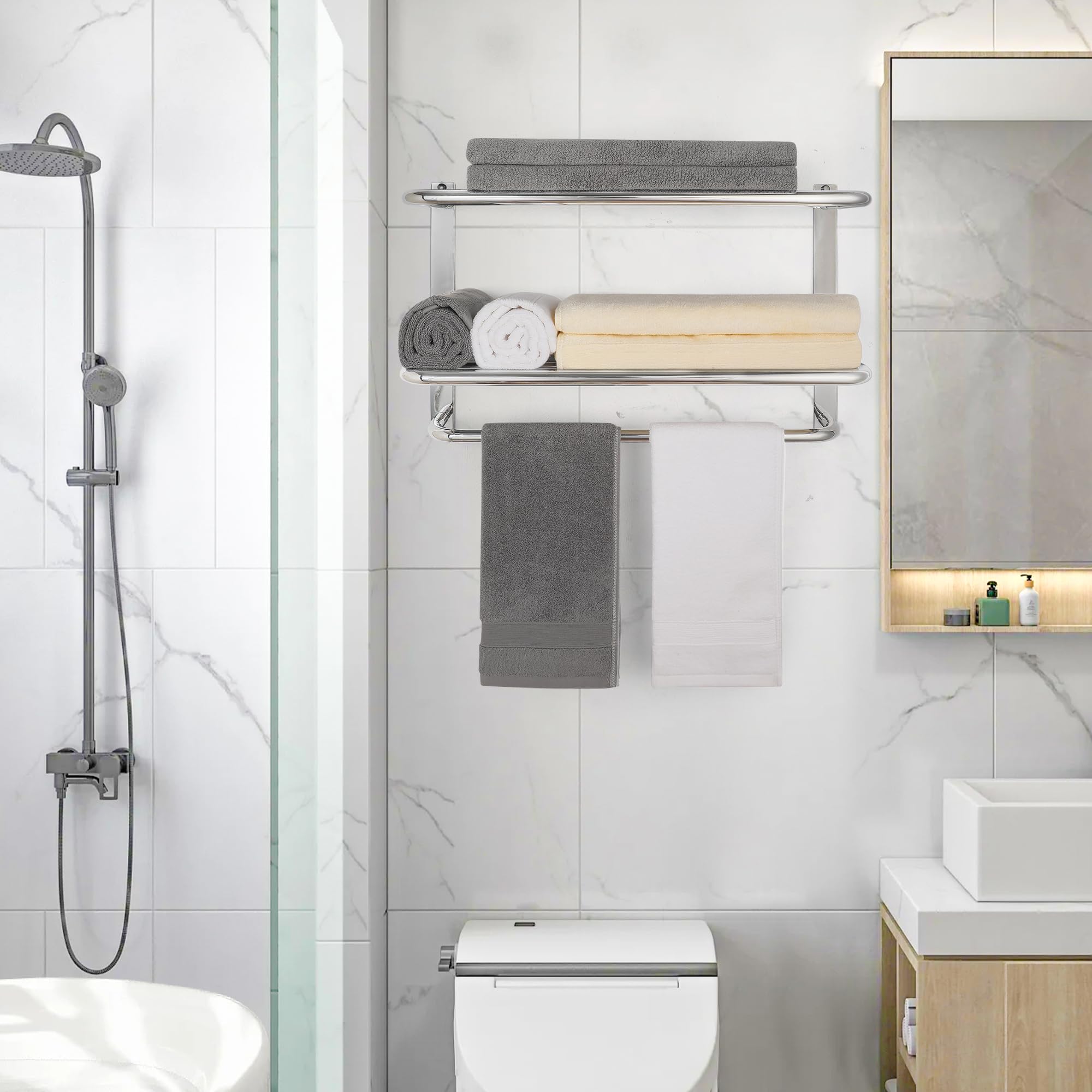 Bathroom Towel Rack with Tower Bars - SUS 304 Stainless Steel Lavatory Bath Towel Shelf Wall Mount Towel Holder Polished Surface Finish  22 Inch  3-Tier