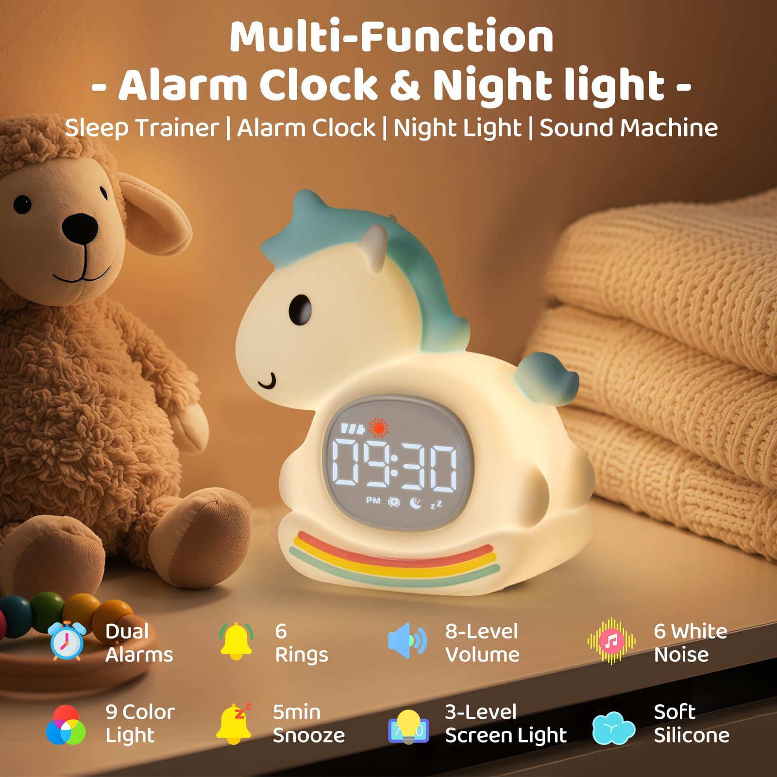 Aokpsrt Alarm Clock with Night Light & Sound Machine, Rechargeable Blue Pony Lamp for Kids, Sleep Training Companion