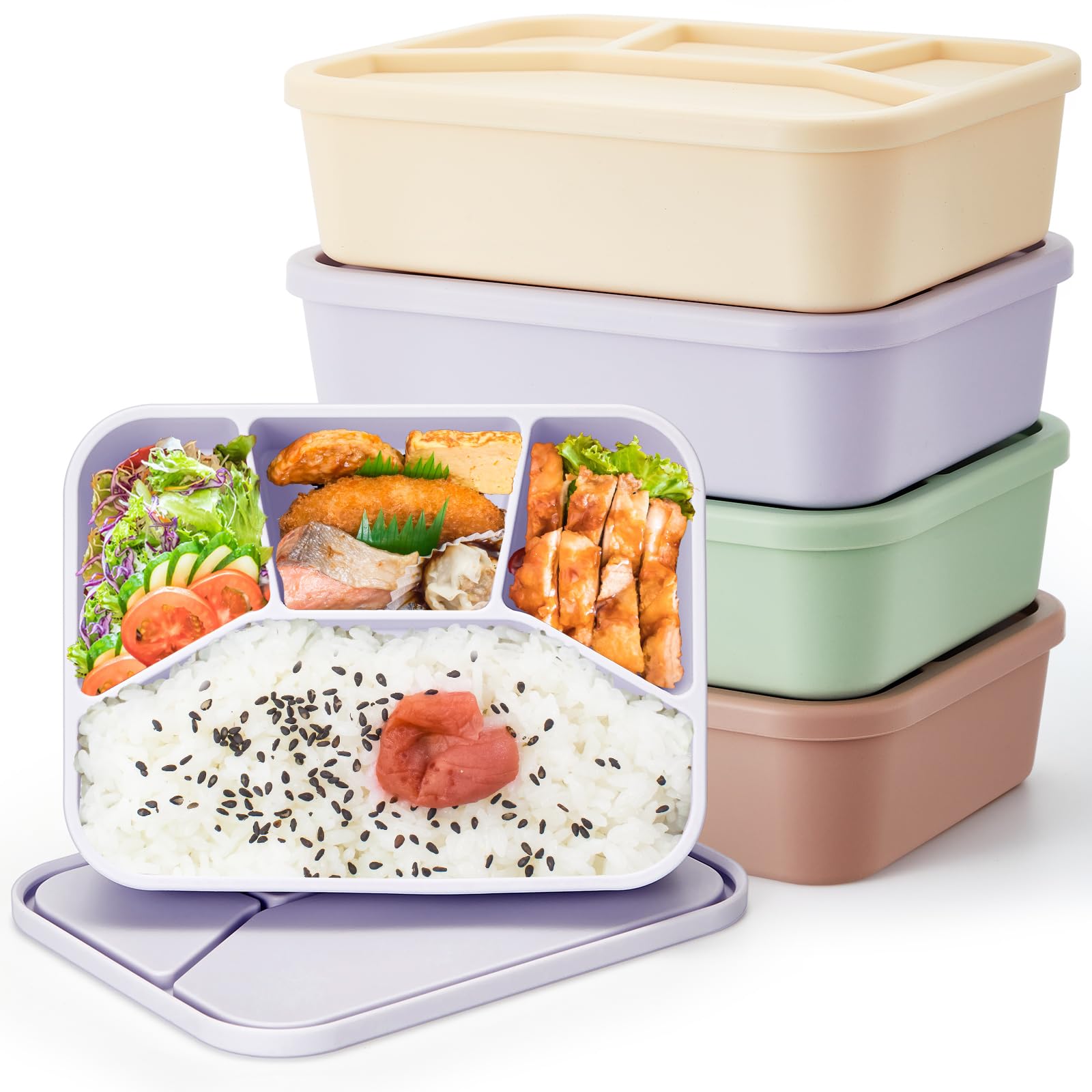 Ziliny 4 Pcs Silicone Bento Box Reusable Lunch Container, Light Color