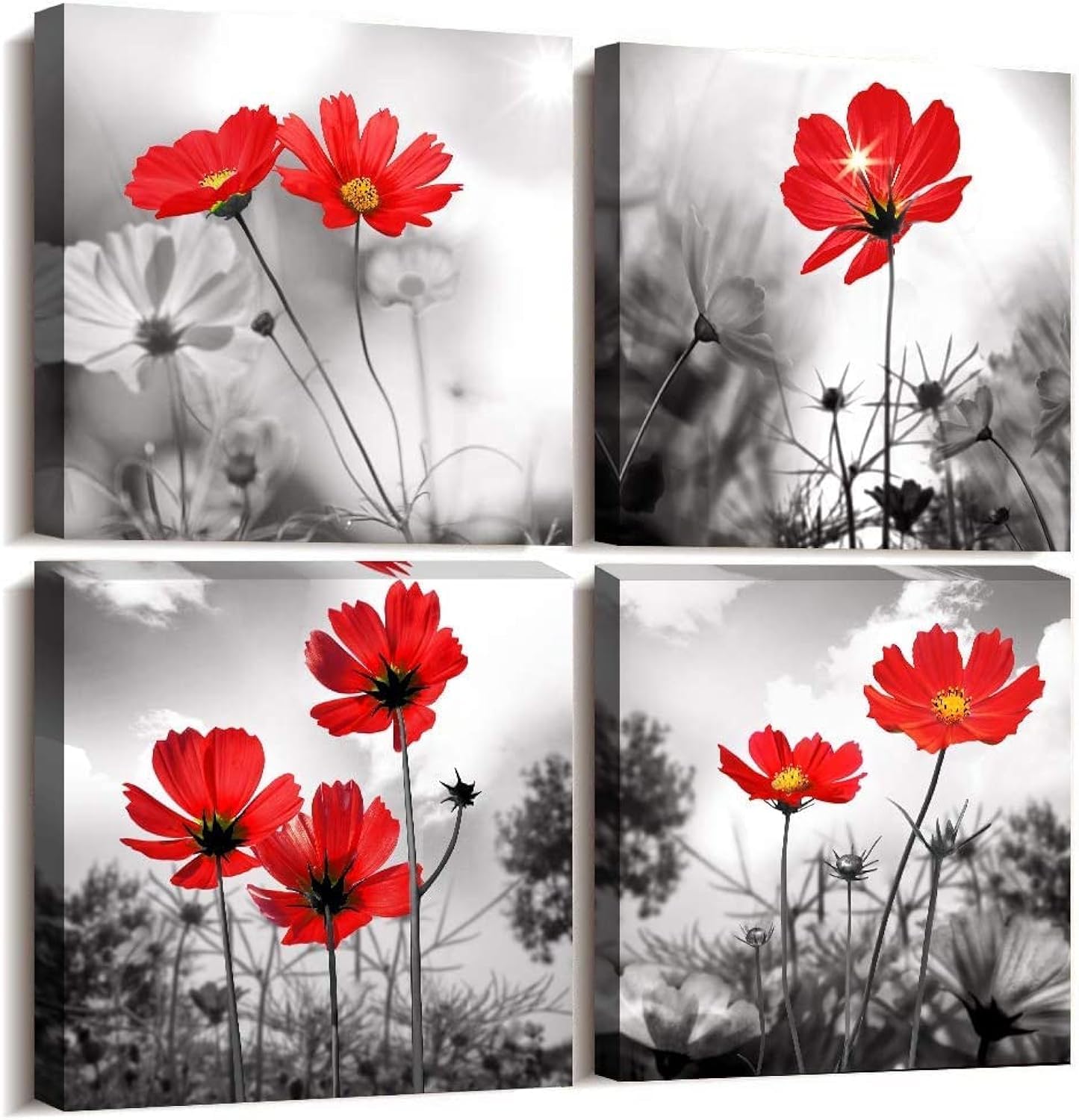 Wall Art 4Panel Modern Salon Theme Black And White Plant The Red Flower Flower Abstract Painting Still Life Canvas Wall Art For