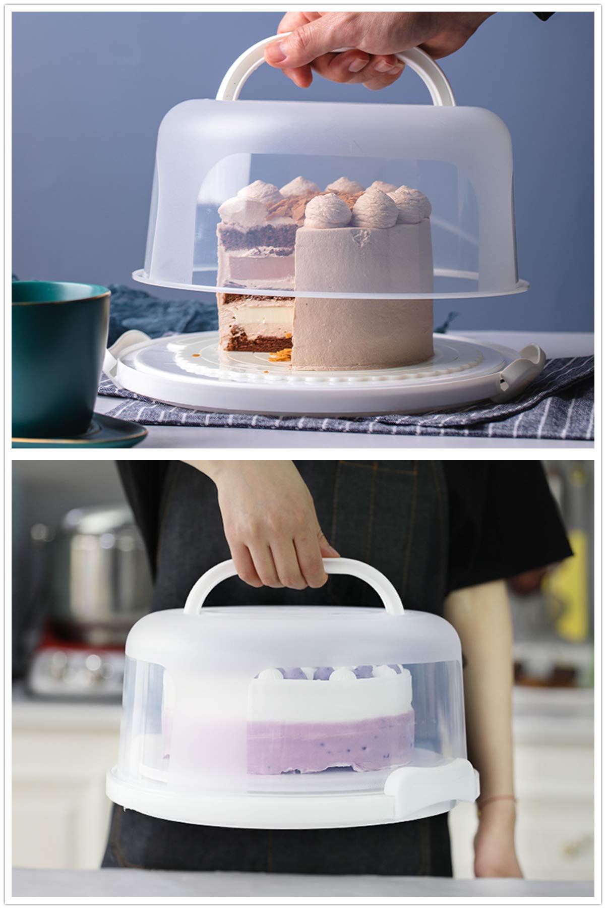 Zoofen Round Cake Carrier White Cake Stand 11 Inch Plastic Cake Container With Handle And Lid For Travel(White)