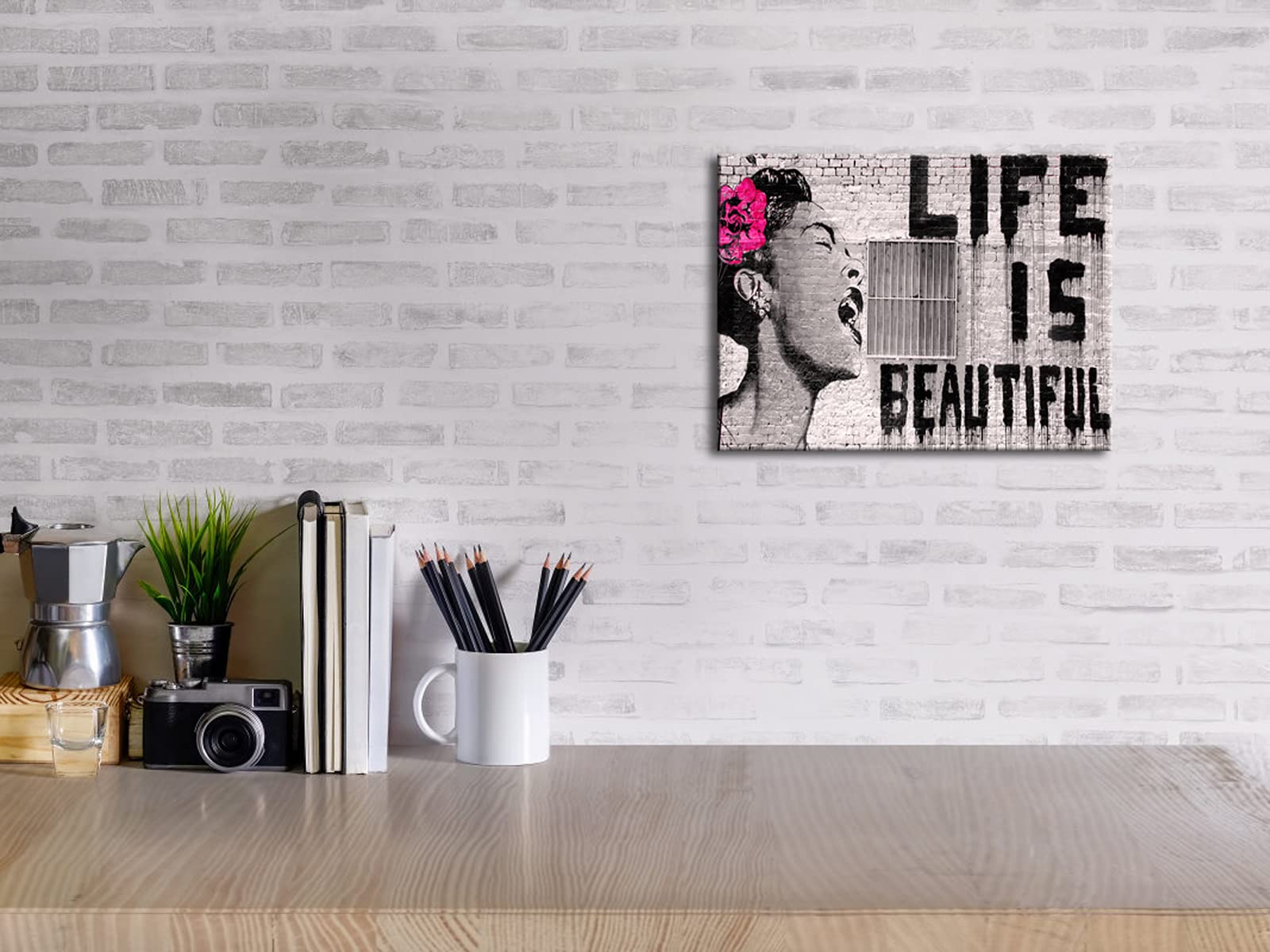 Pyradecor Banksy Life Is Beautiful Artwork Modern Grey Love Pictures Paintings Canvas Wall Art For Bedroom Living Room Home Offi