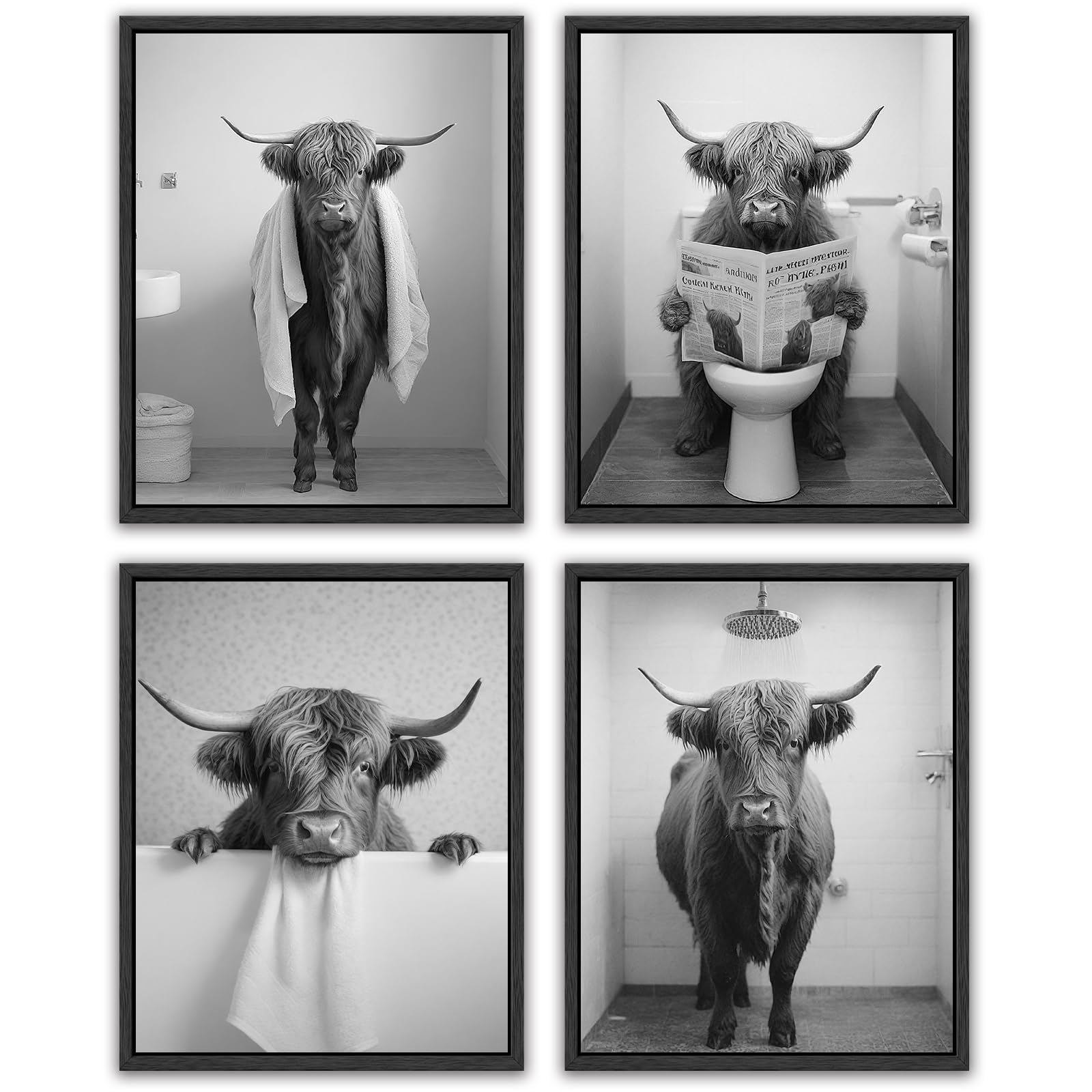 Funny Highland Cow Bathroom Wall Art Framed Black And White Rustic Cute Bathroom Canvas Prints For Bathroom Restroom Decor 11X14