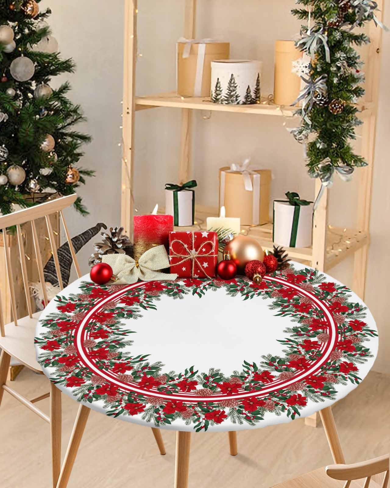 Christmas Day Round Fitted Table Cover For Dining Tables,Elastic Edged Tablecloth Red Poinsettia Flower Berries Wreath Waterproo