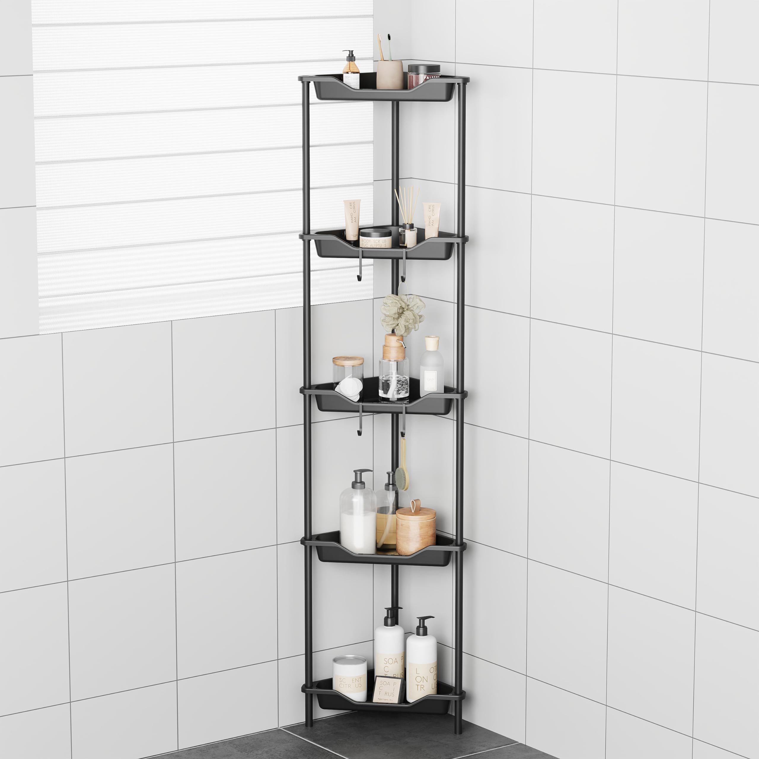 Odesign 5 Tier Floor Standing Corner Shower Caddy Organizer, Plastic Metal Floor Corner Shelf Storage Rack For Bathroom Black- R