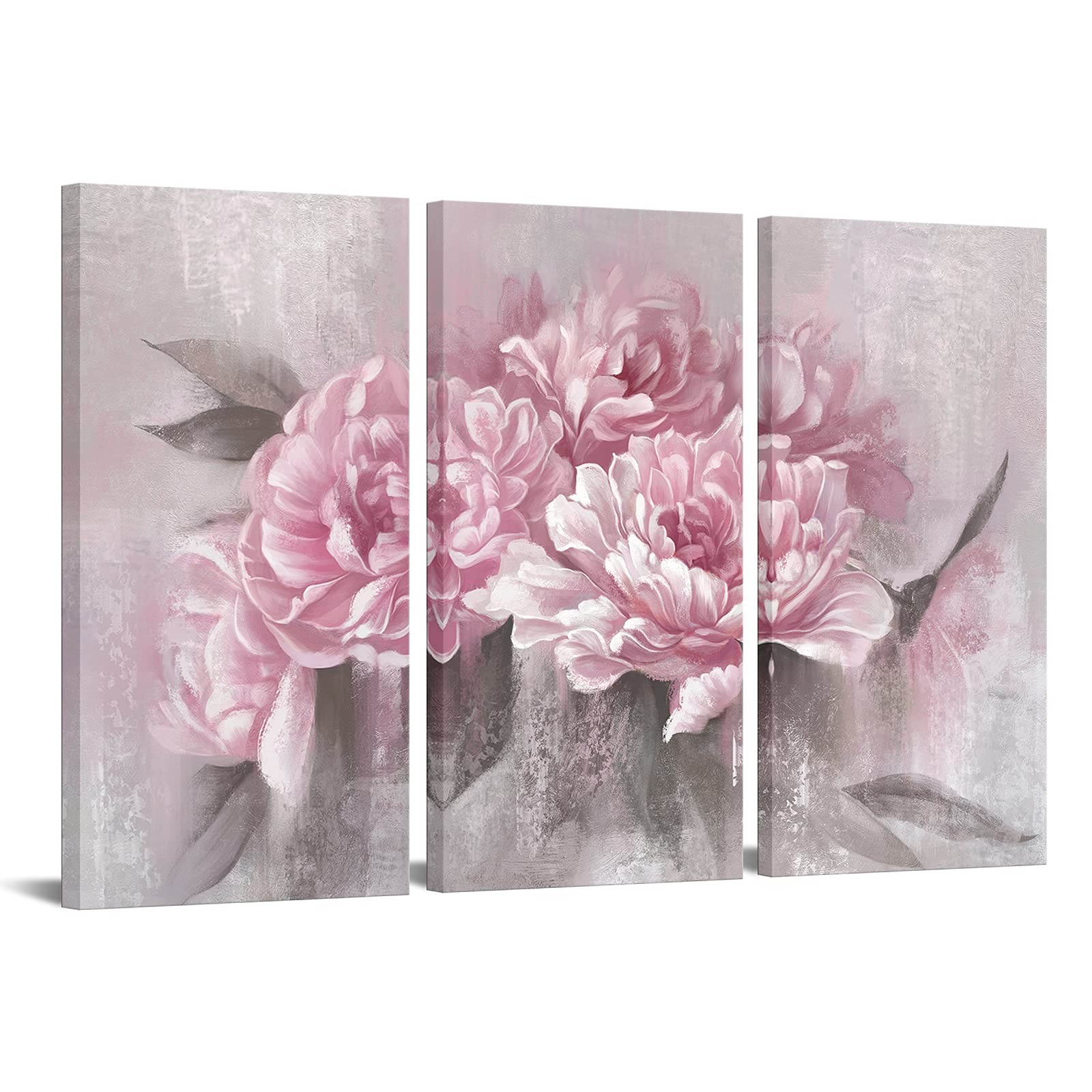 Sechars 3 Piece Flower Wall Art Canvas Pink Peony Floral Painting Picture Vintage Blossom Art Prints For Living Room Girl Bedroo