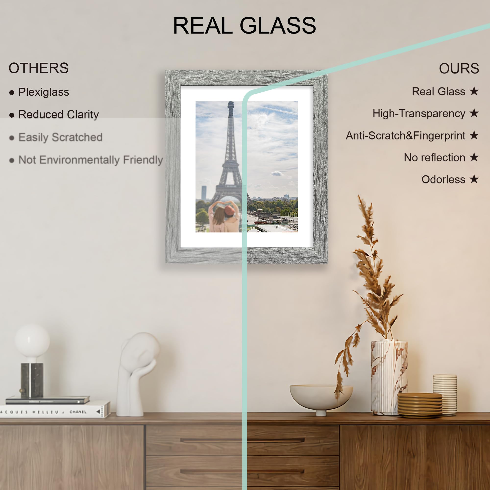 Hongkee 9x11 Picture Frame Set of 4, Made of Real Glass and Grey Frame - Display Picture 7x9 with Mat or 9x11 Without Mat, 9 by