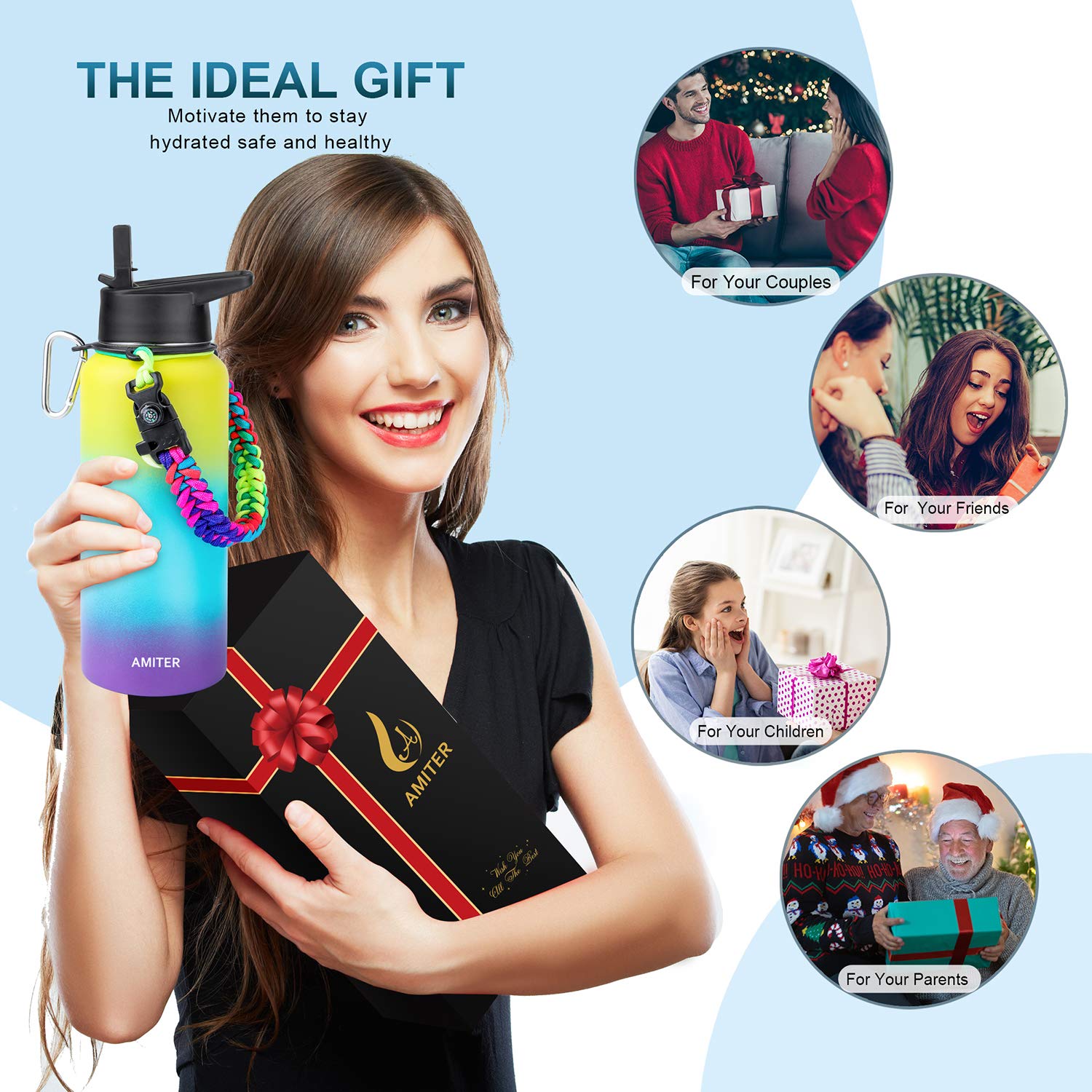 Amiter Insulated Bottle With Straw & Spout Lid, Wide Mouth Stainless Steel Water Bottles With Paracord Handle - 22Oz