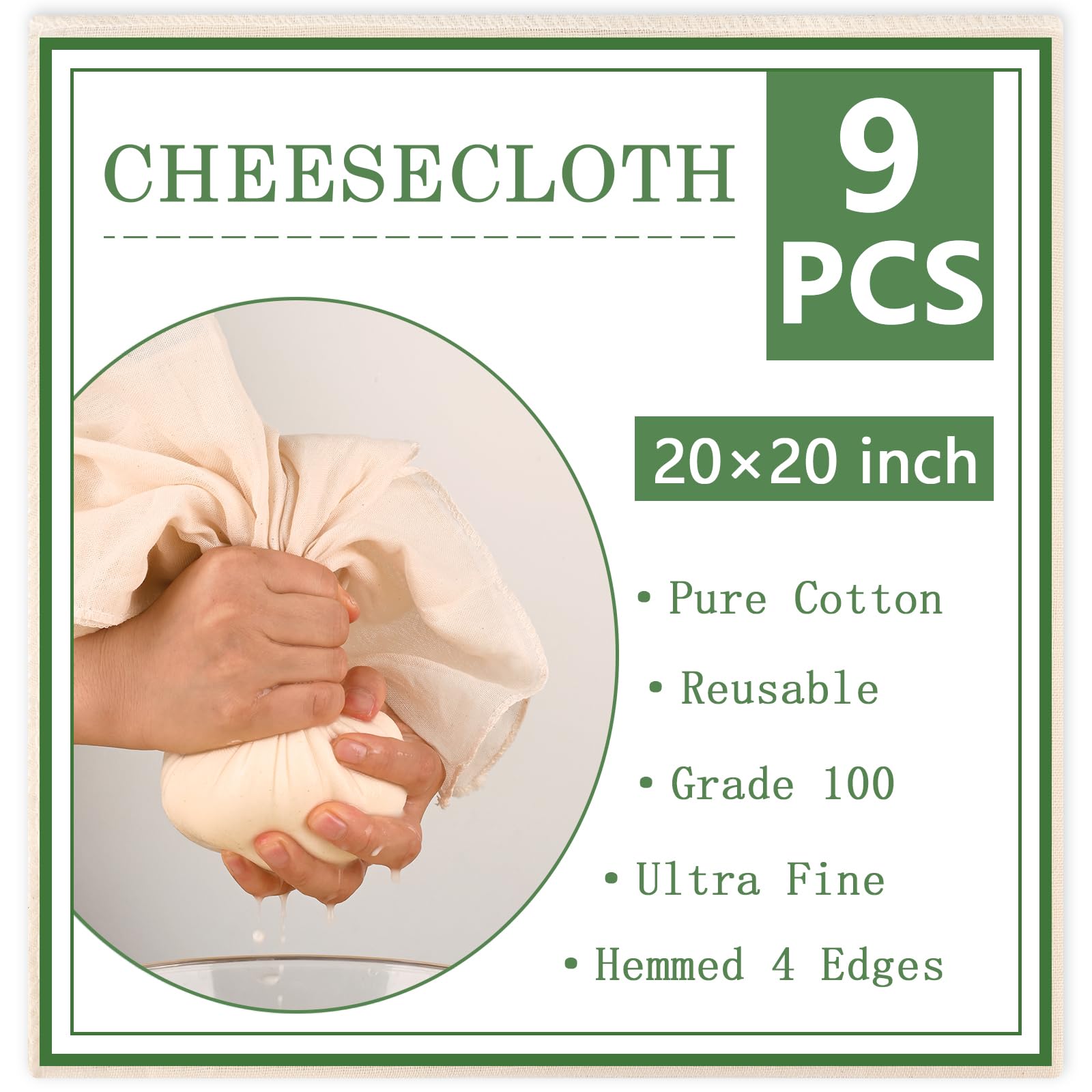 WMKGG 9 PCS Reusable Unbleached Cotton Cheese Cloth 20x20 Inch, Grade 100 Precut Cheesecloth for Straining Hemmed 4 Edges Fine M
