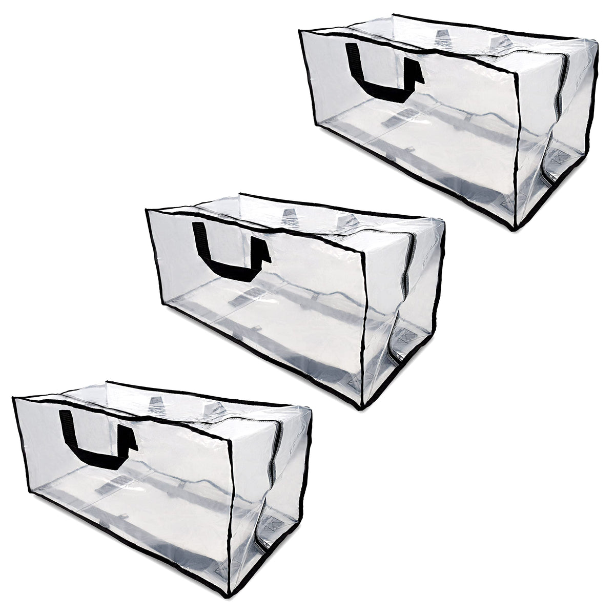 Clear Storage Bags - 3 Pack Zippered Moving Bags, See Thru Transparent Heavy Duty Totes With Handles, Large & Waterproof For Clo