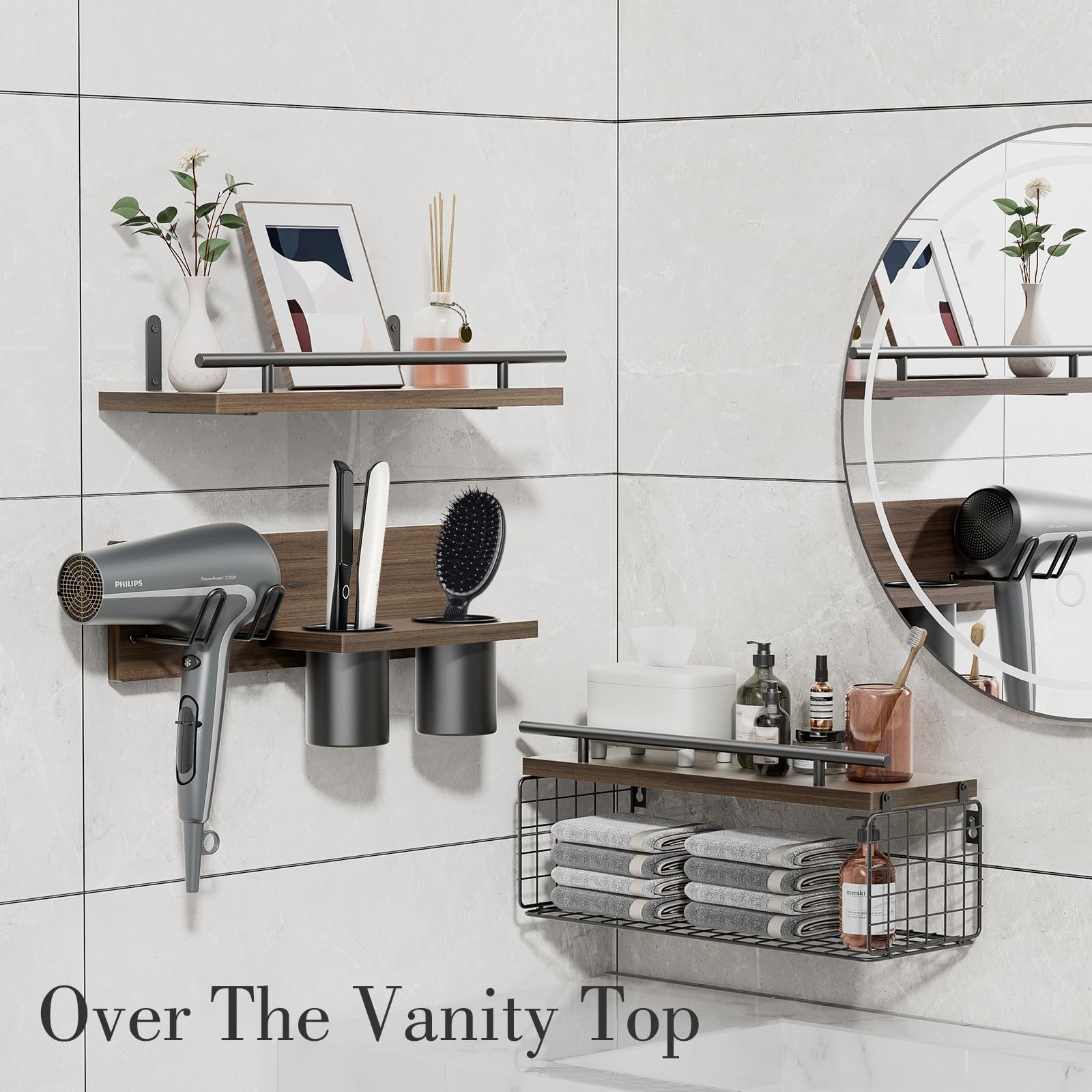 Roledes Bathroom Floating Shelves With Hair Dryer Holder - Wall Mounted Wood Wall Shelf With Blow Dryer Storage Over The Toilet