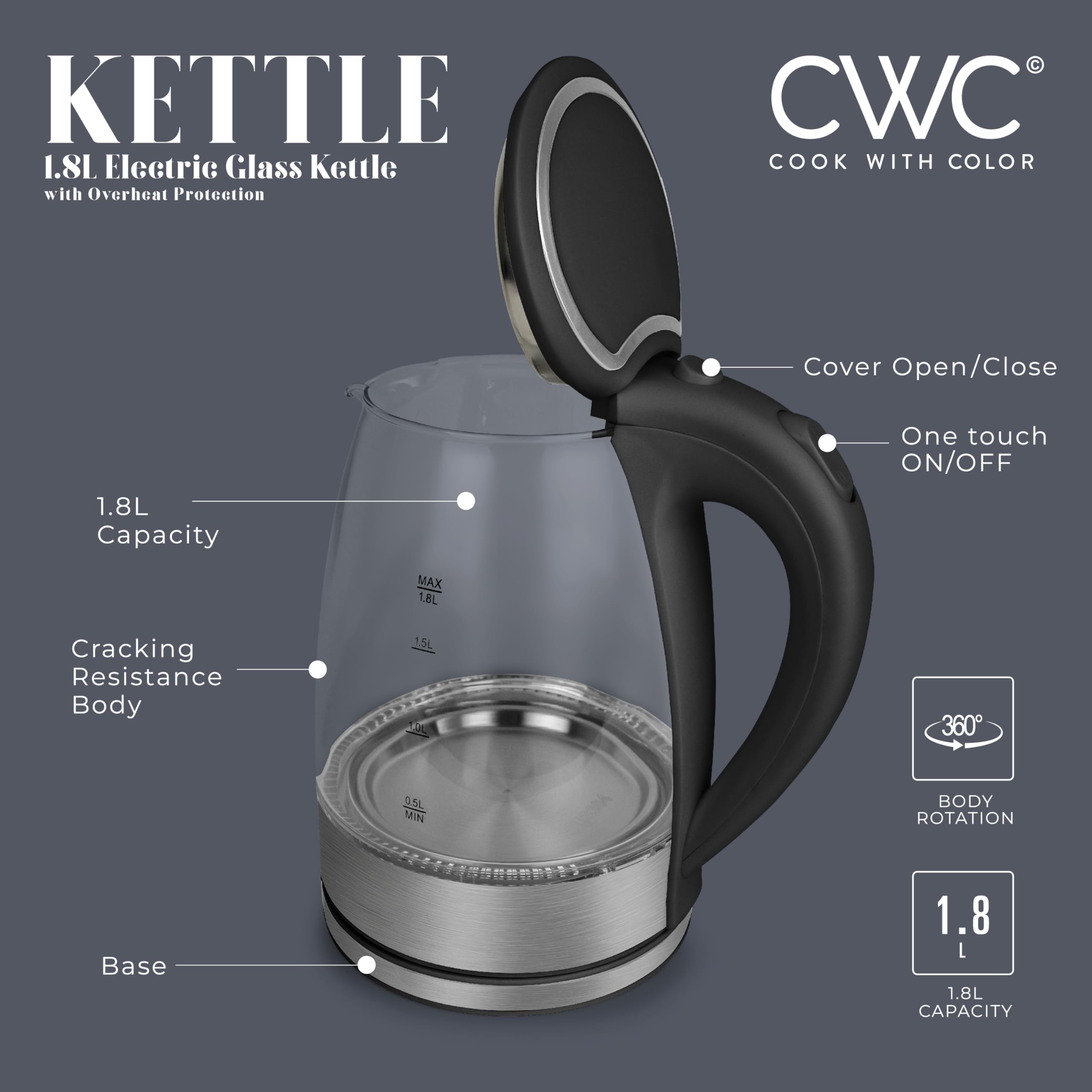 Cook With Color Glass Electric Kettle 1.8L - Rapid Boil, Sleek Design, And Safety Features - Great For Quick And Easy, Black