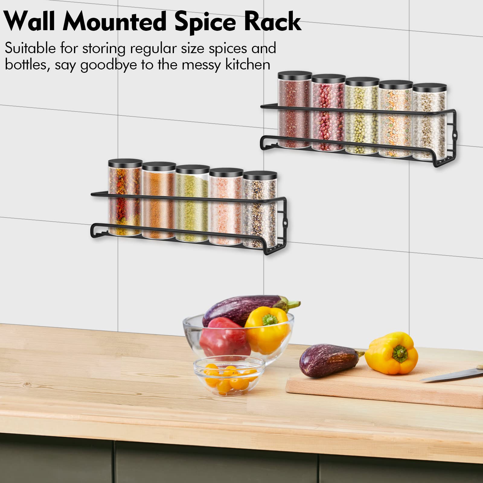 Dalanpa Wall Mounted Spice Rack, Hanging Spice Organizers, Kitchen Condiments Storage for Space Saving (2pcs, Black)