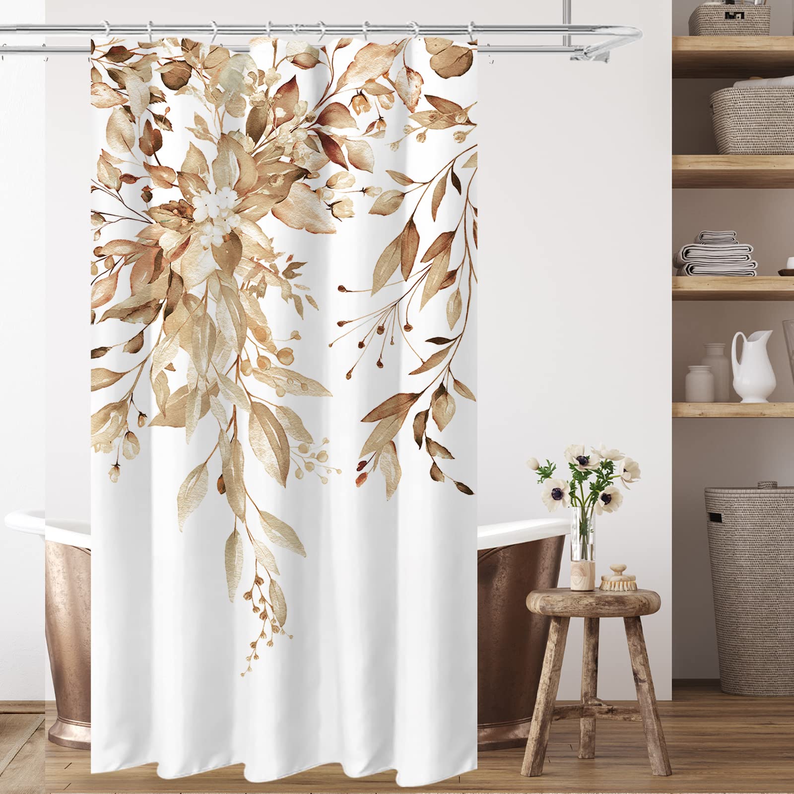 Tititex Tan Eucalyptus Shower Curtain Sets, Watercolor Light Brown Leaves On The Top Plant With Floral Bathroom Decoration 36X72